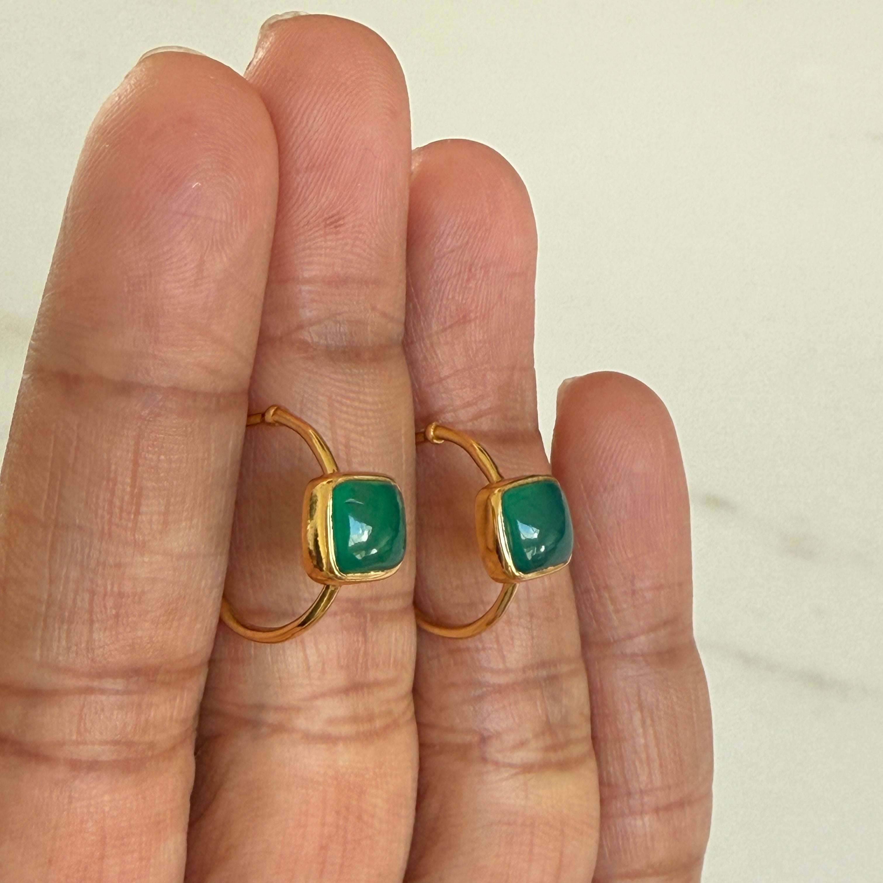 Minimal Gold Plated Sterling Silver Small Hoops with a Square Cabochon Gemstone - Green Onyx