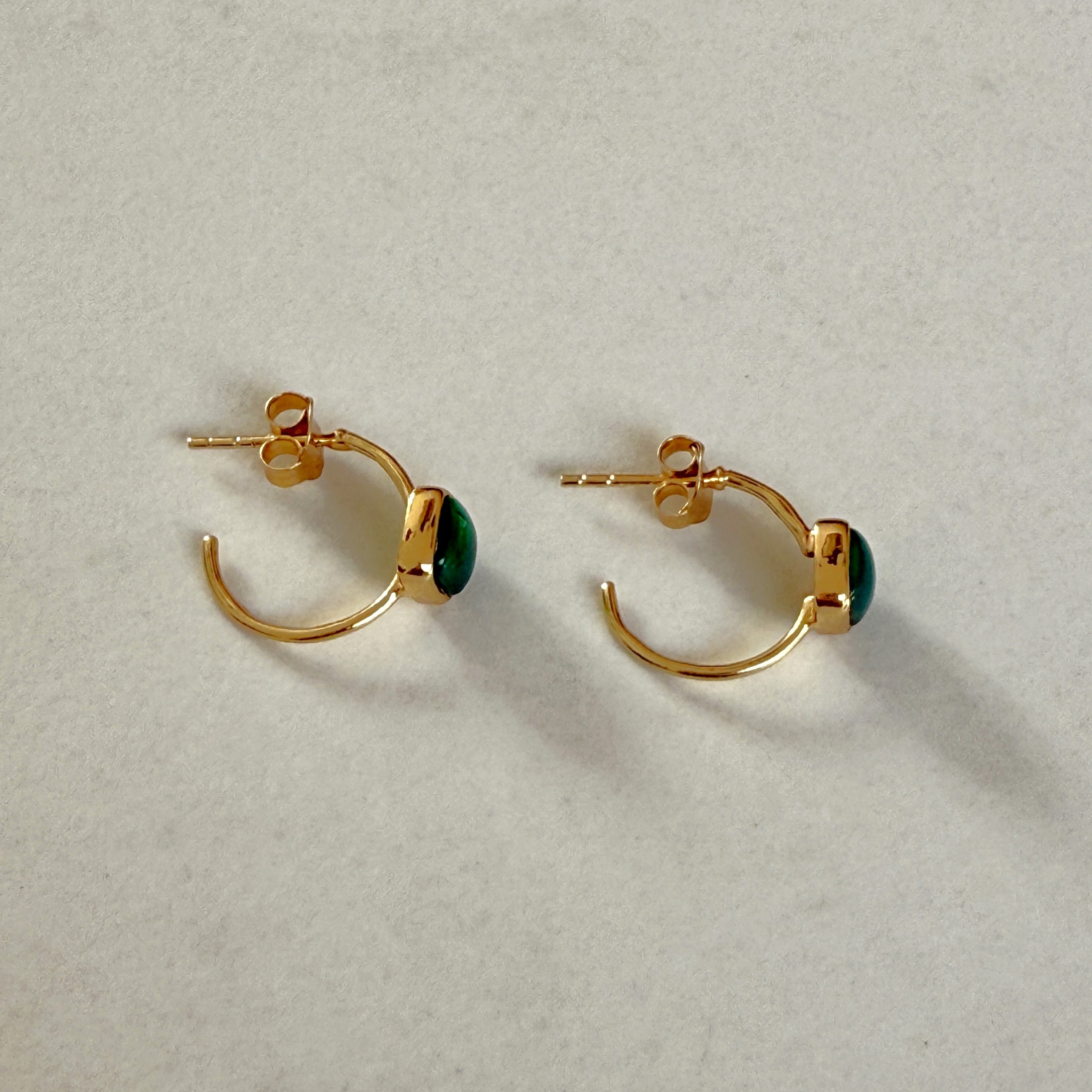 Minimal Gold Plated Sterling Silver Small Hoops with a Square Cabochon Gemstone - Green Onyx