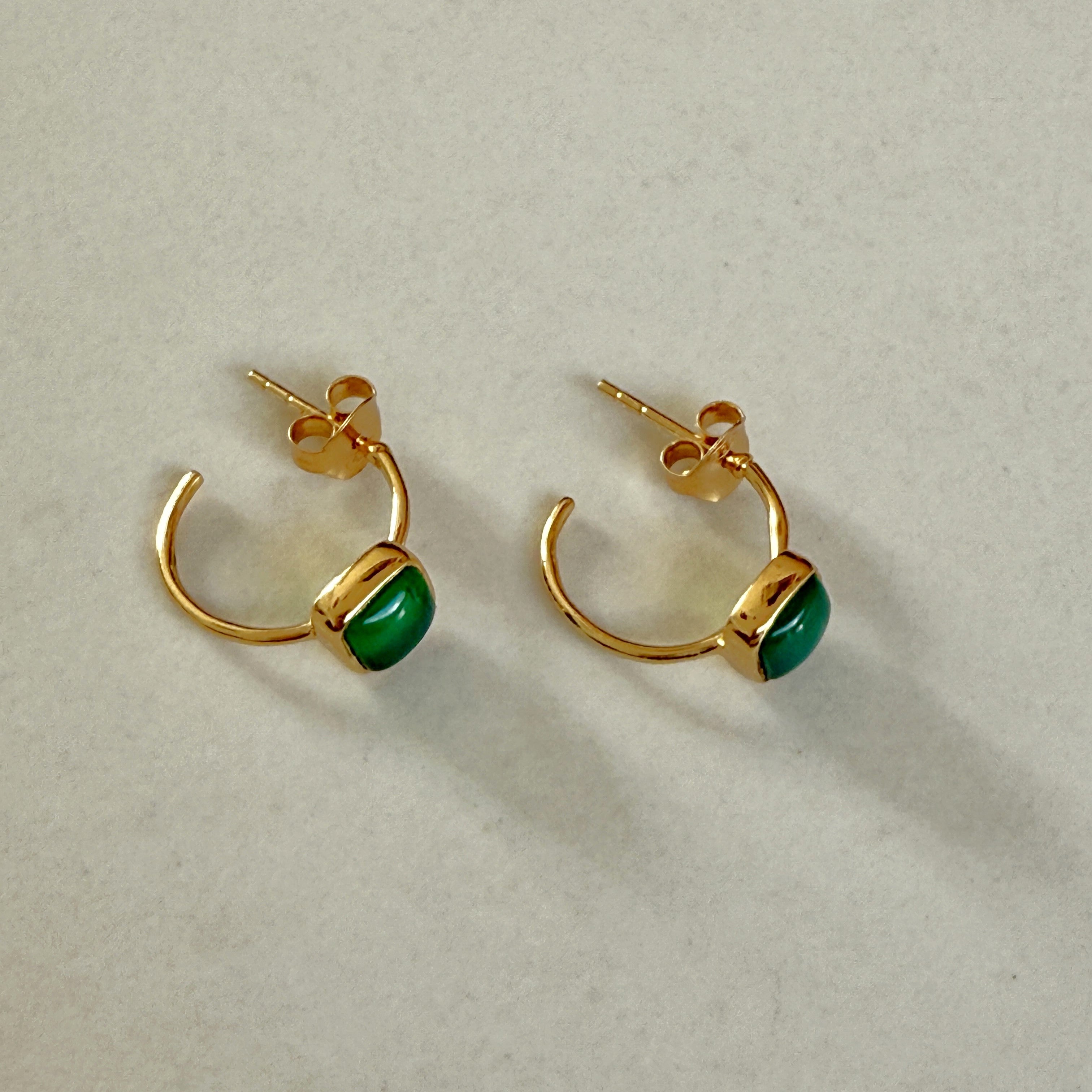 Minimal Gold Plated Sterling Silver Small Hoops with a Square Cabochon Gemstone - Green Onyx