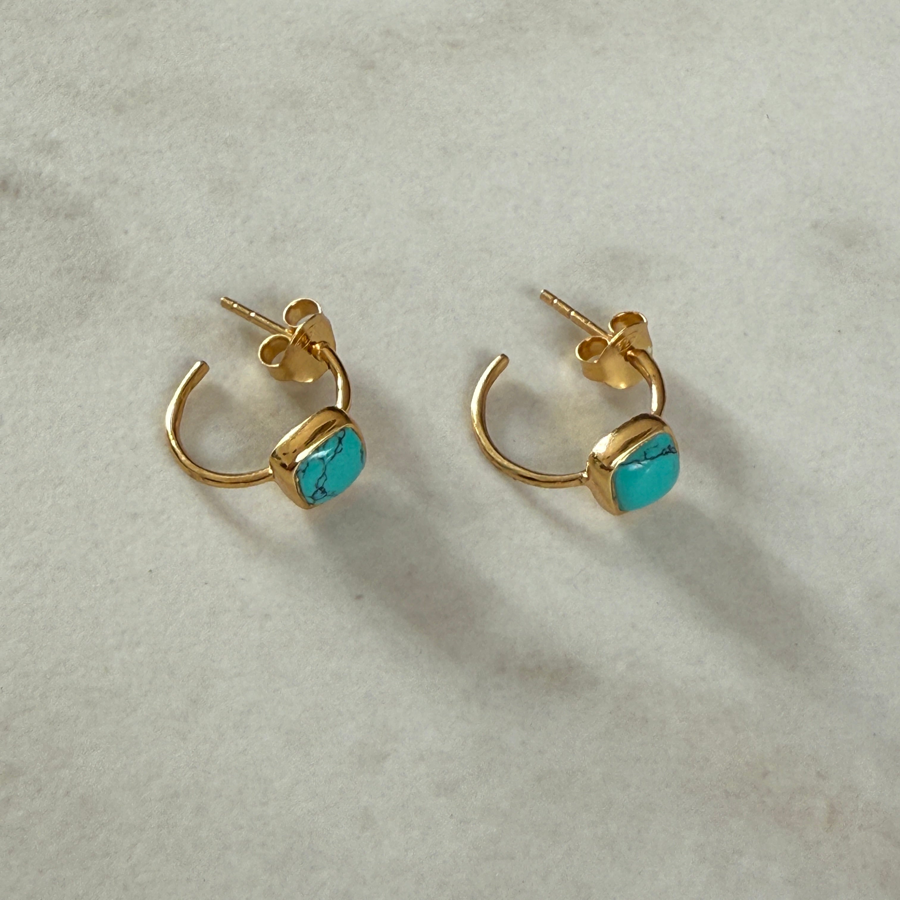 Minimal Gold Plated Sterling Silver Small Hoops with a Square Cabochon Gemstone - Turquoise