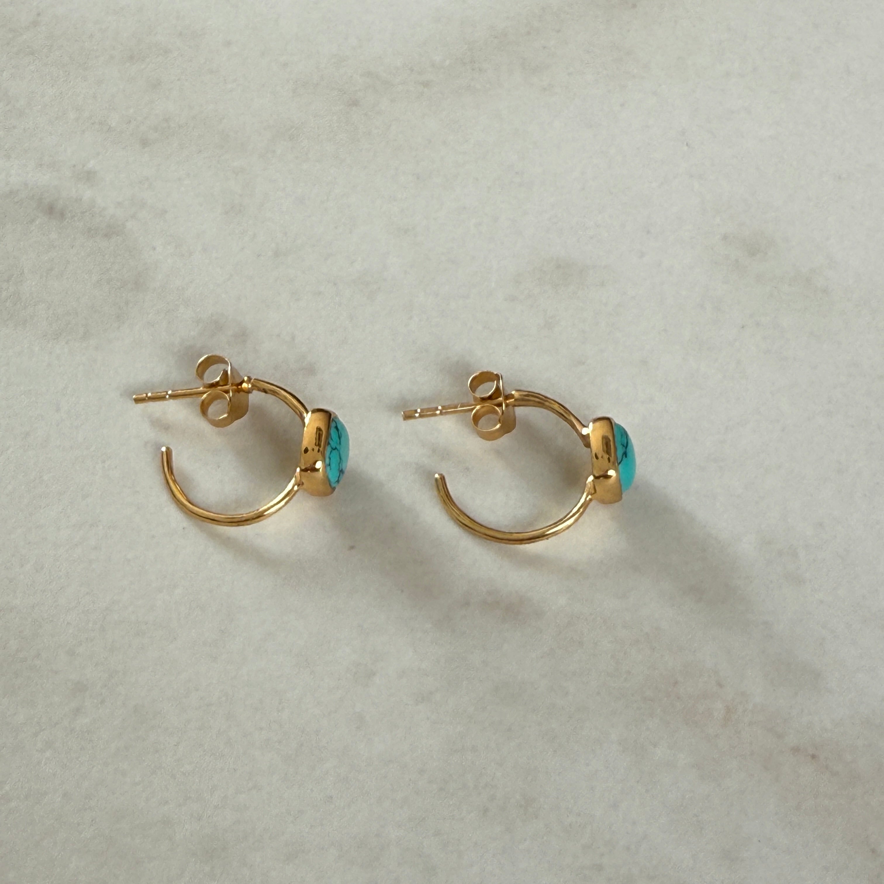 Minimal Gold Plated Sterling Silver Small Hoops with a Square Cabochon Gemstone - Turquoise