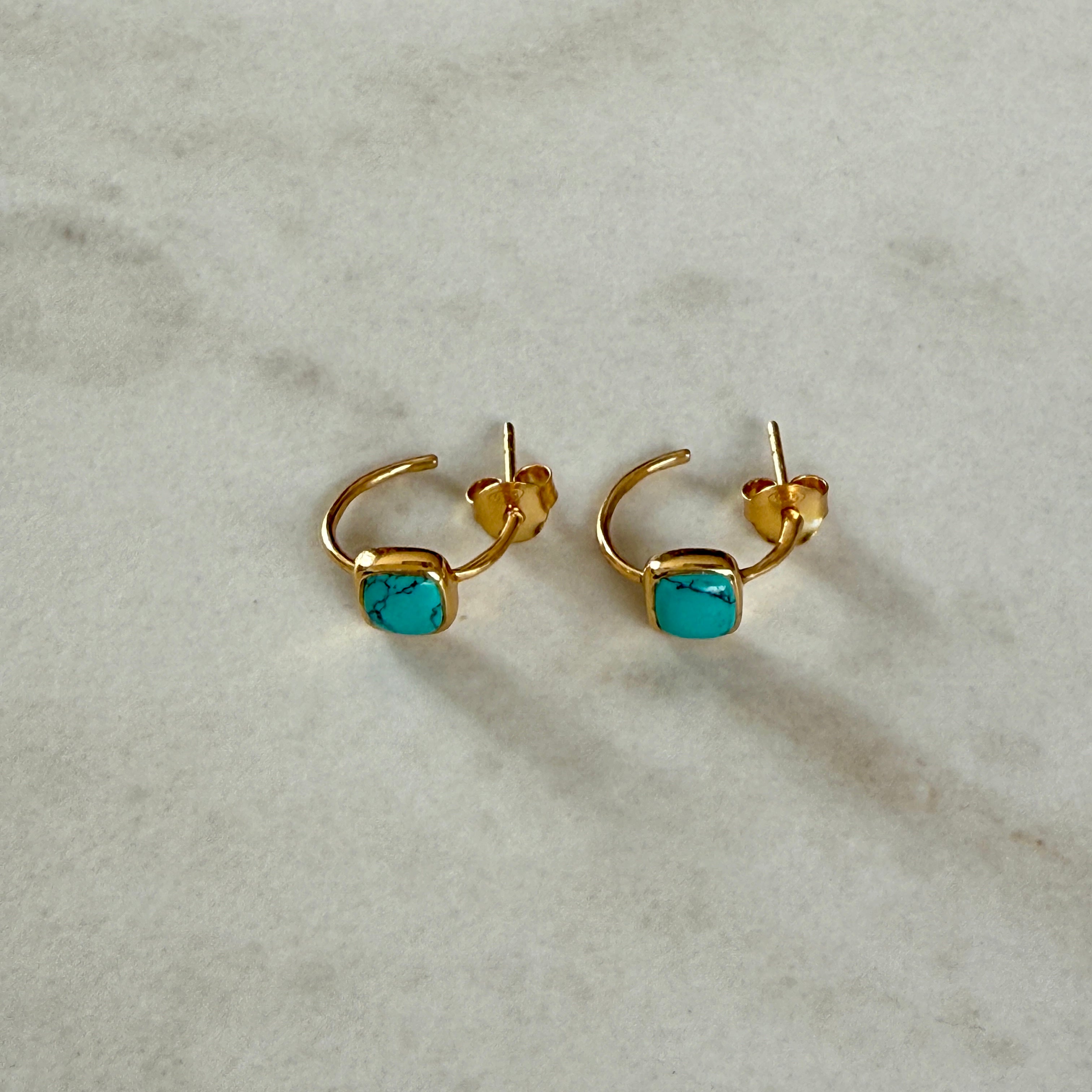 Minimal Gold Plated Sterling Silver Small Hoops with a Square Cabochon Gemstone - Turquoise