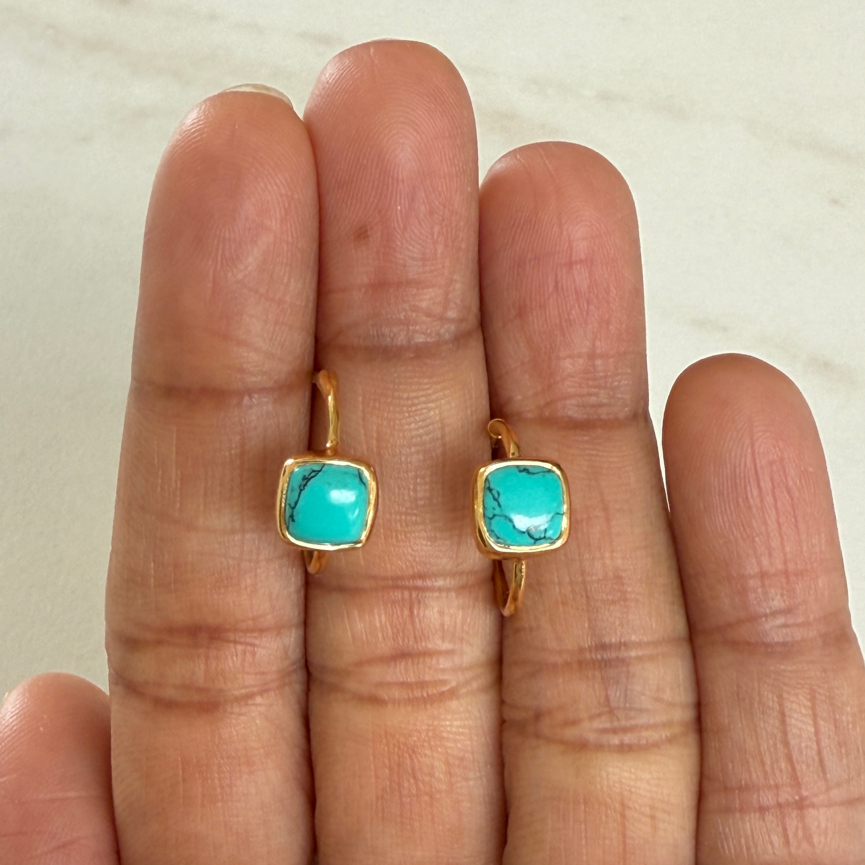 Minimal Gold Plated Sterling Silver Small Hoops with a Square Cabochon Gemstone - Turquoise