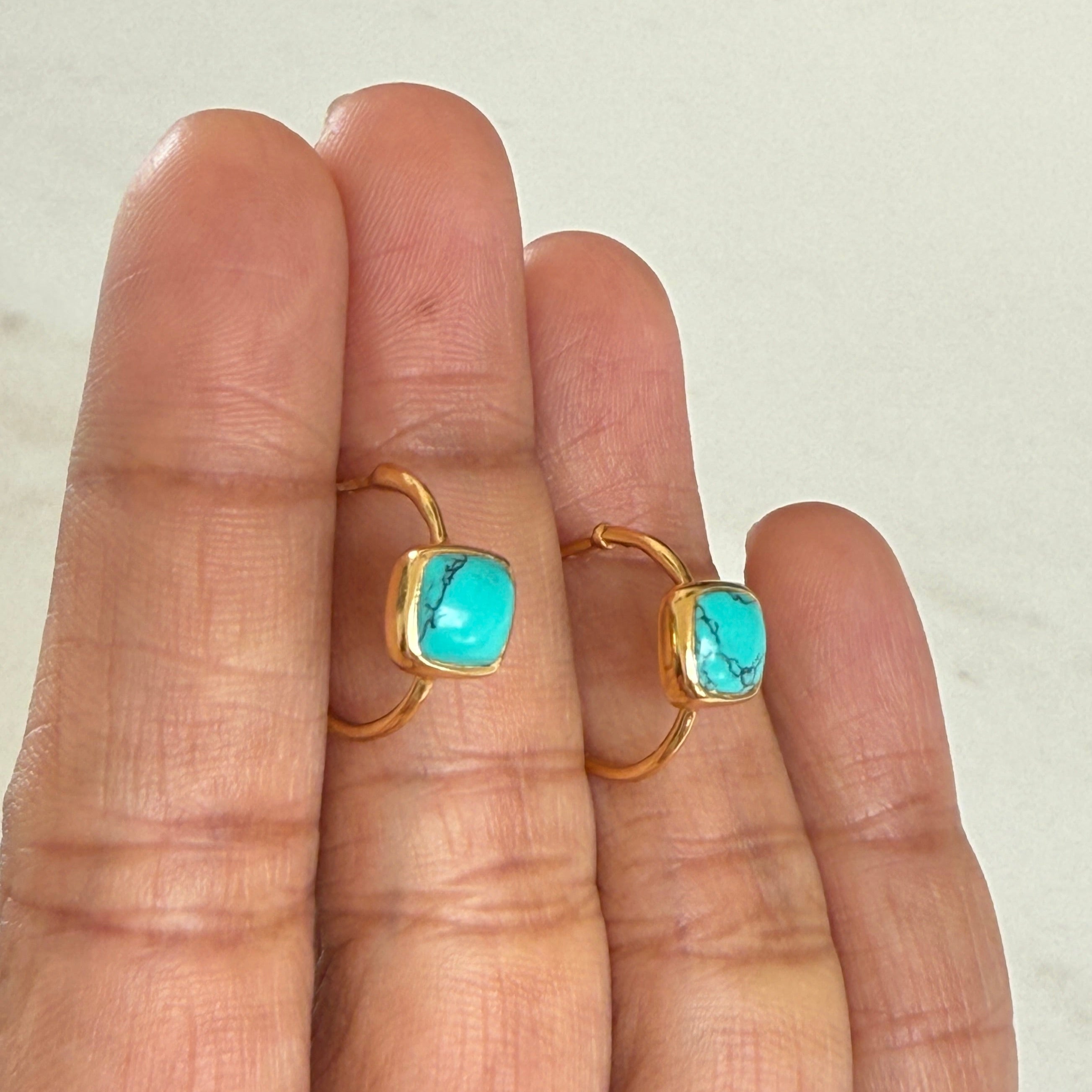 Minimal Gold Plated Sterling Silver Small Hoops with a Square Cabochon Gemstone - Turquoise