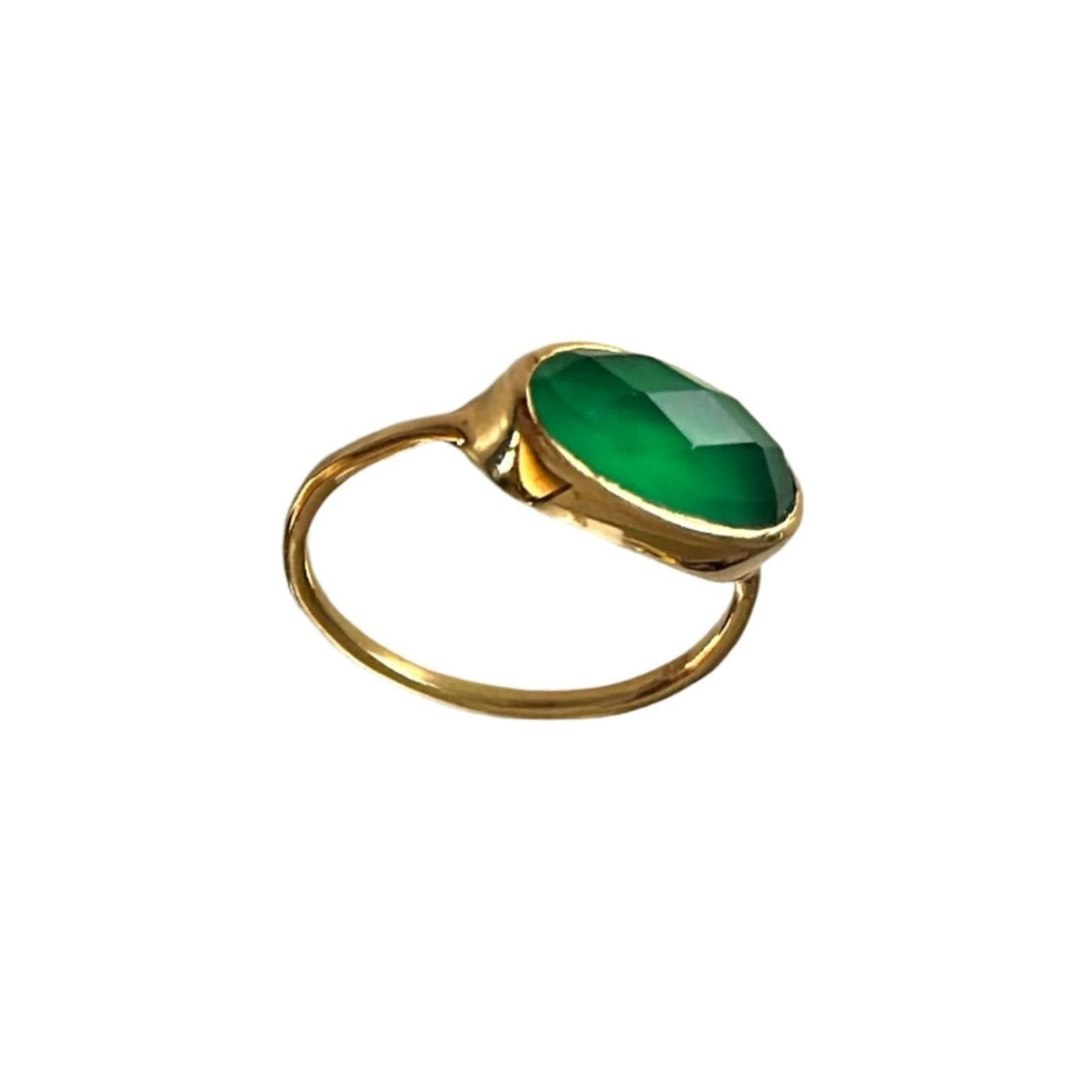 Faceted Oval Cut Natural Gemstone Gold Plated Sterling Silver Fine Band Ring - Green Onyx