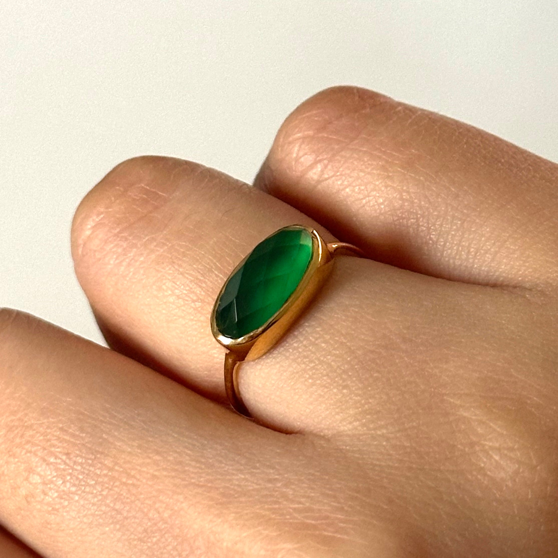 Faceted Oval Cut Natural Gemstone Gold Plated Sterling Silver Fine Band Ring - Green Onyx