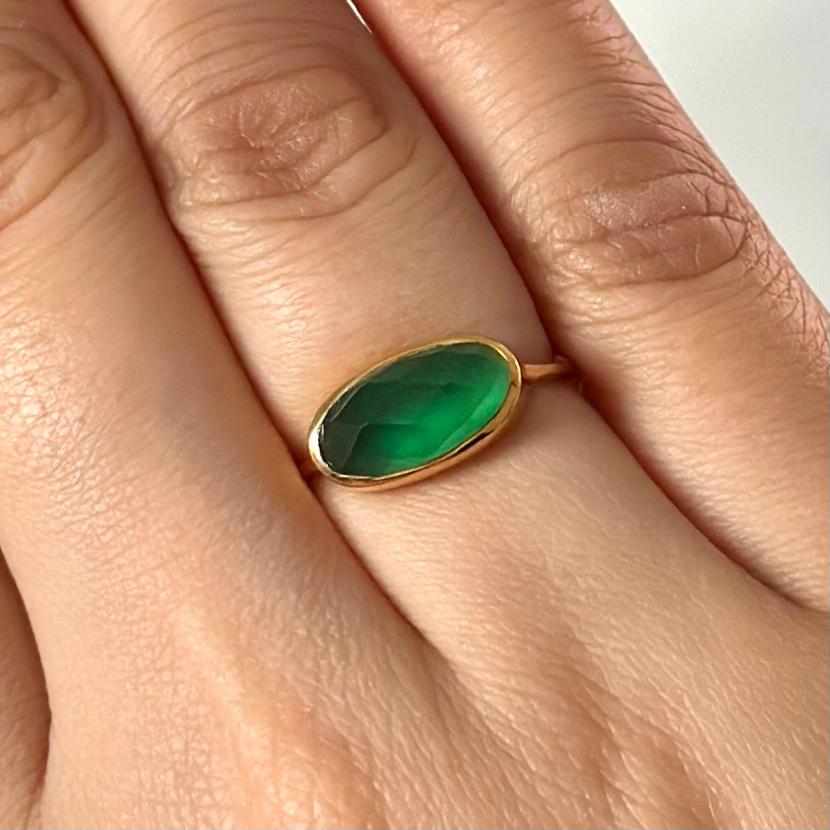 Faceted Oval Cut Natural Gemstone Gold Plated Sterling Silver Fine Band Ring - Green Onyx