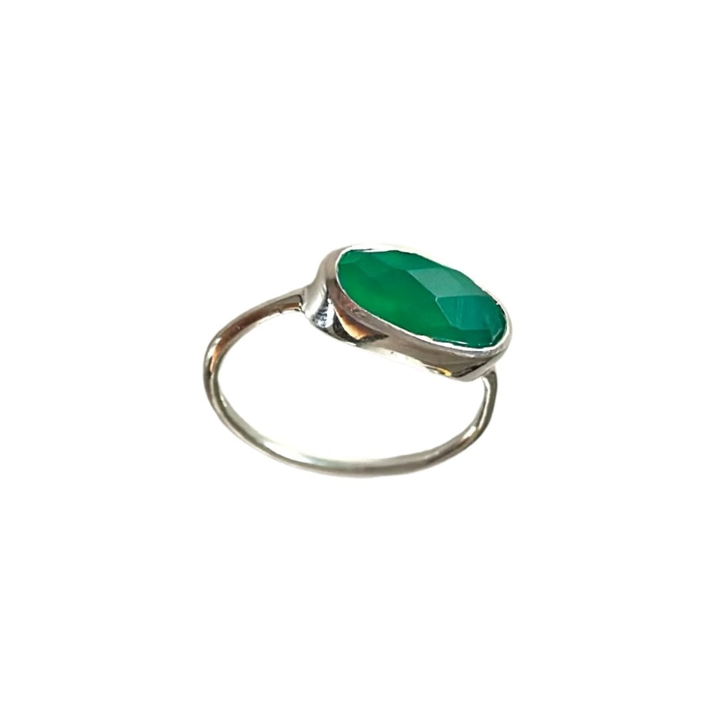 Faceted Oval Cut Natural Gemstone Sterling Silver Fine Band Ring - Green Onyx