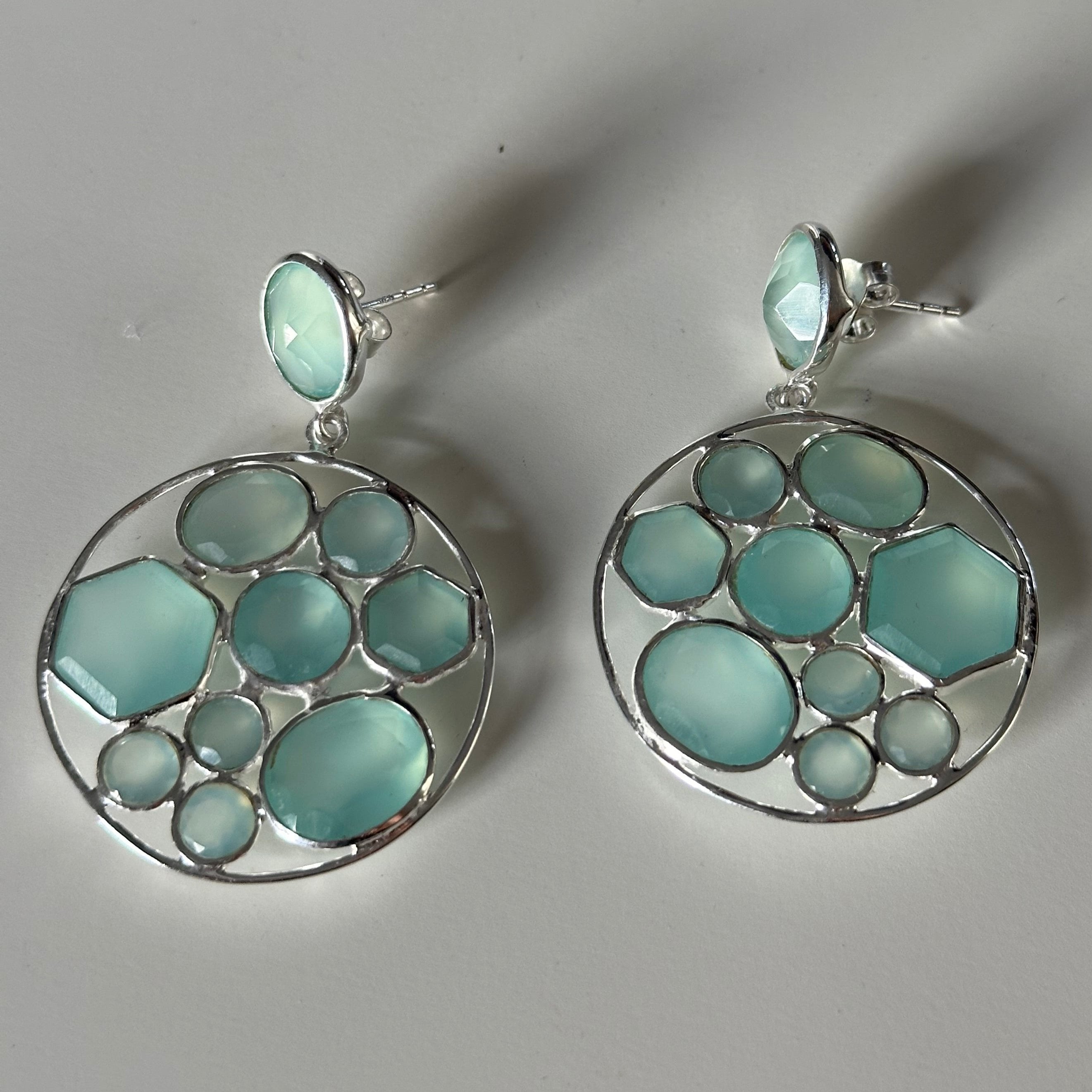 Long Gemstone Earrings with a Round Disc Drop with Stones in Sterling Silver - Aqua Chalcedony