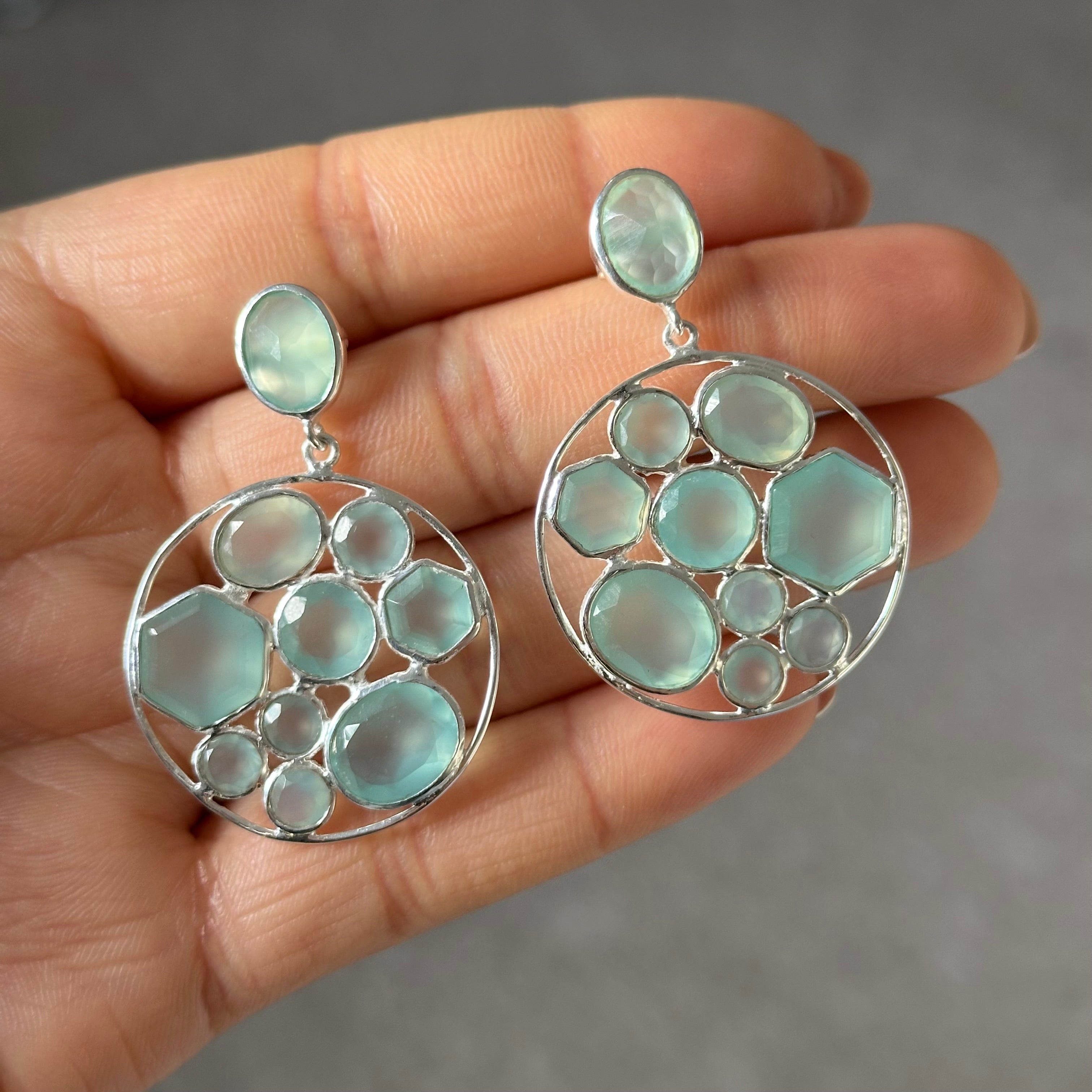 Long Gemstone Earrings with a Round Disc Drop with Stones in Sterling Silver - Aqua Chalcedony