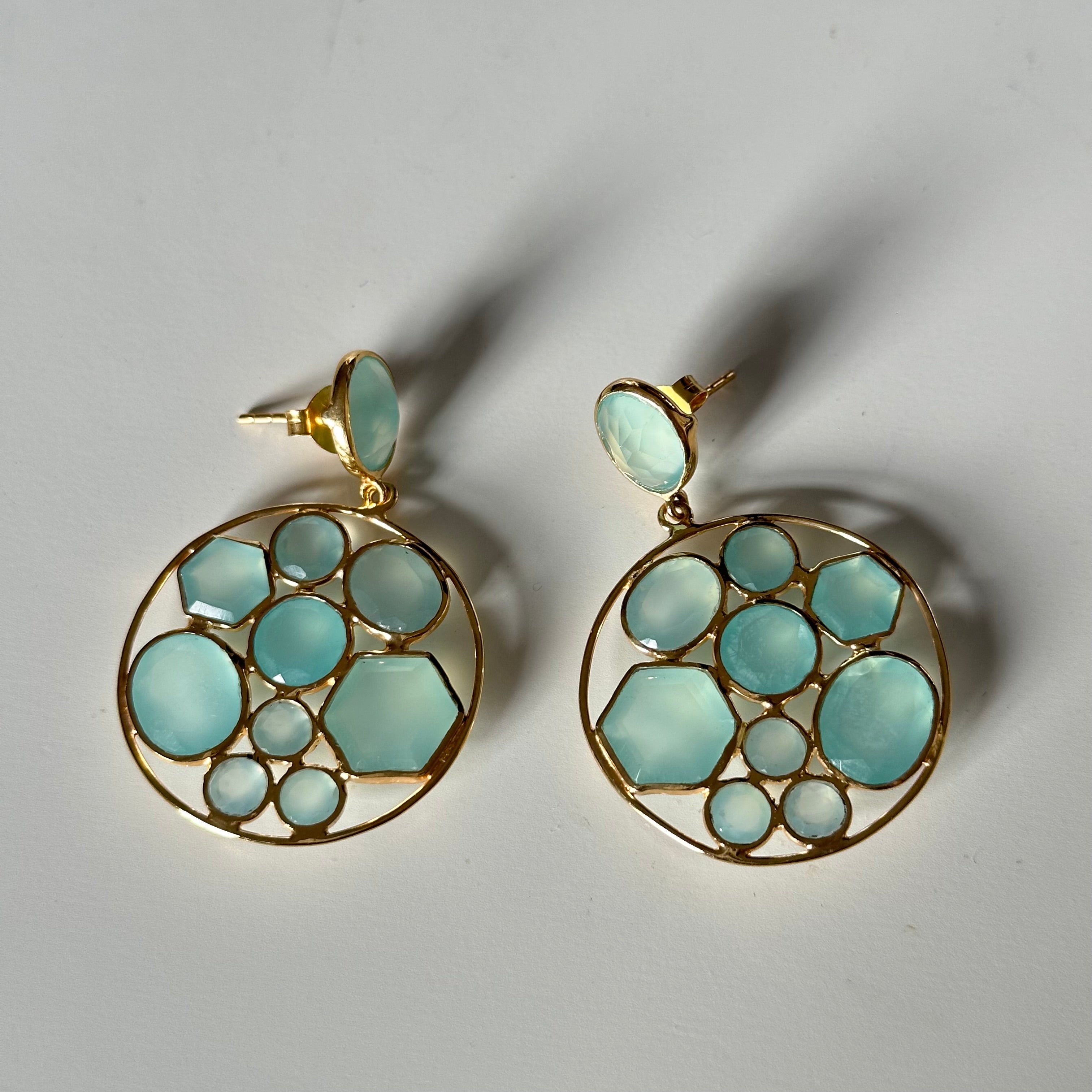 Long Gemstone Earrings with a Round Disc Drop with Stones in Gold Plated Sterling Silver - Aqua Chalcedony