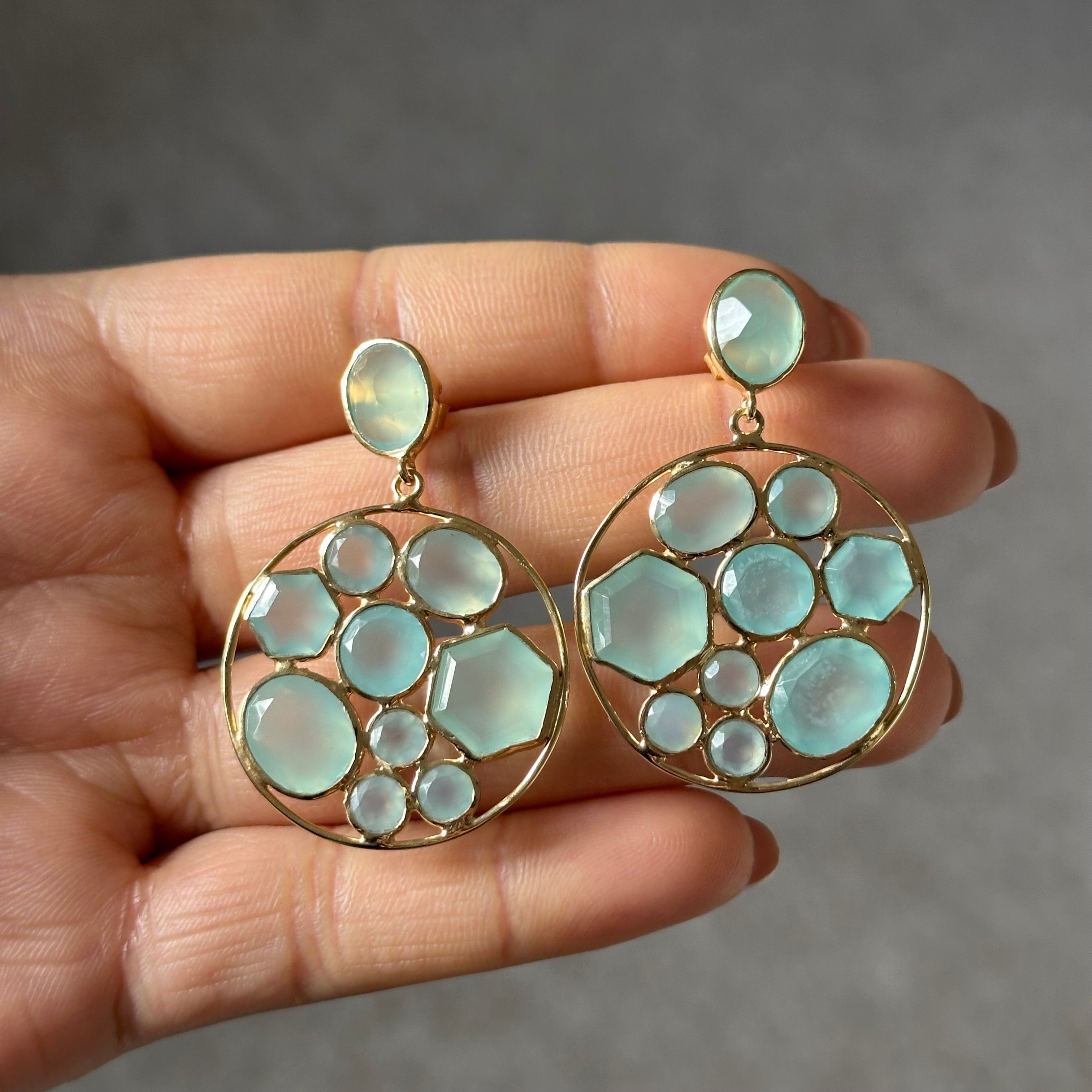 Long Gemstone Earrings with a Round Disc Drop with Stones in Gold Plated Sterling Silver - Aqua Chalcedony