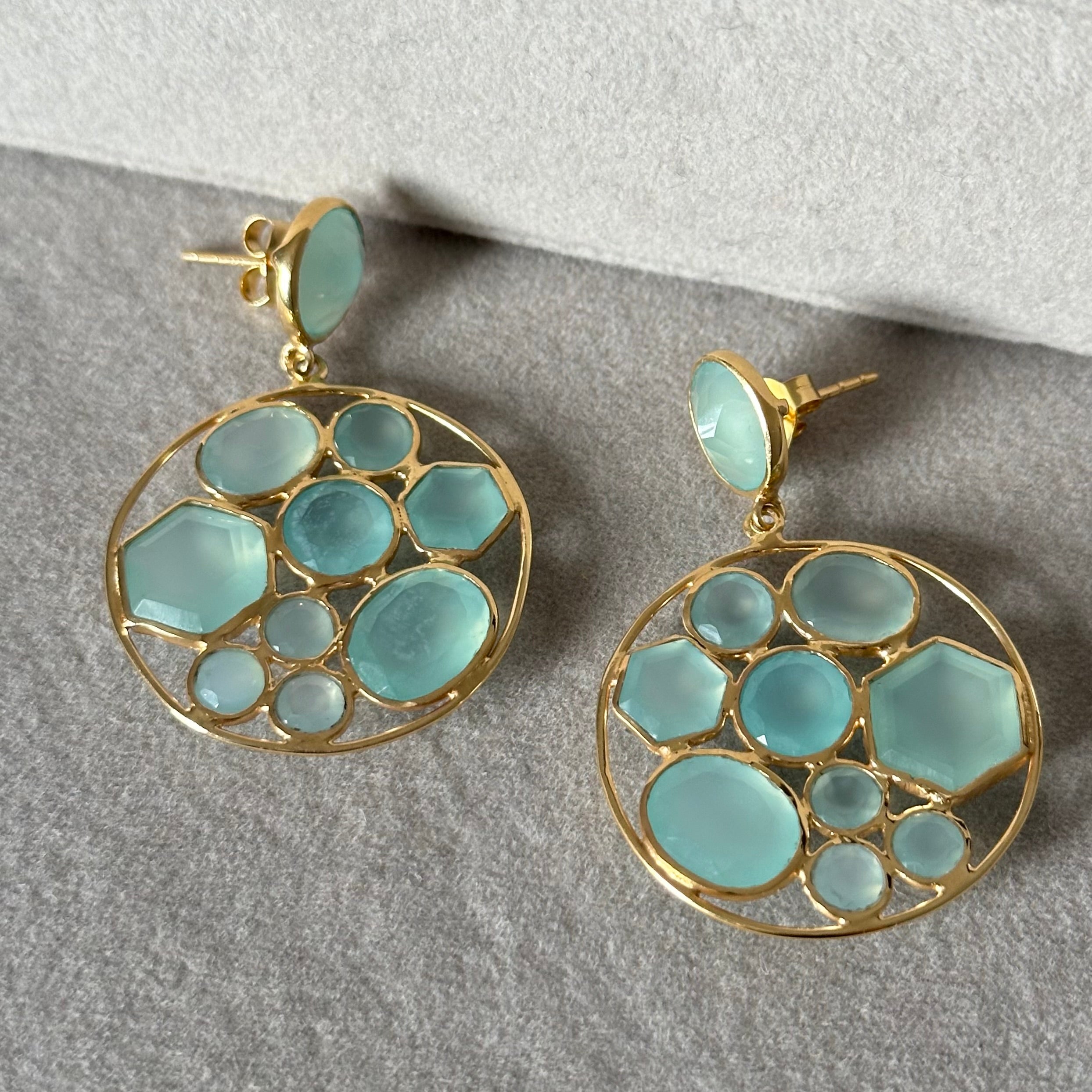 Long Gemstone Earrings with a Round Disc Drop with Stones in Gold Plated Sterling Silver - Aqua Chalcedony