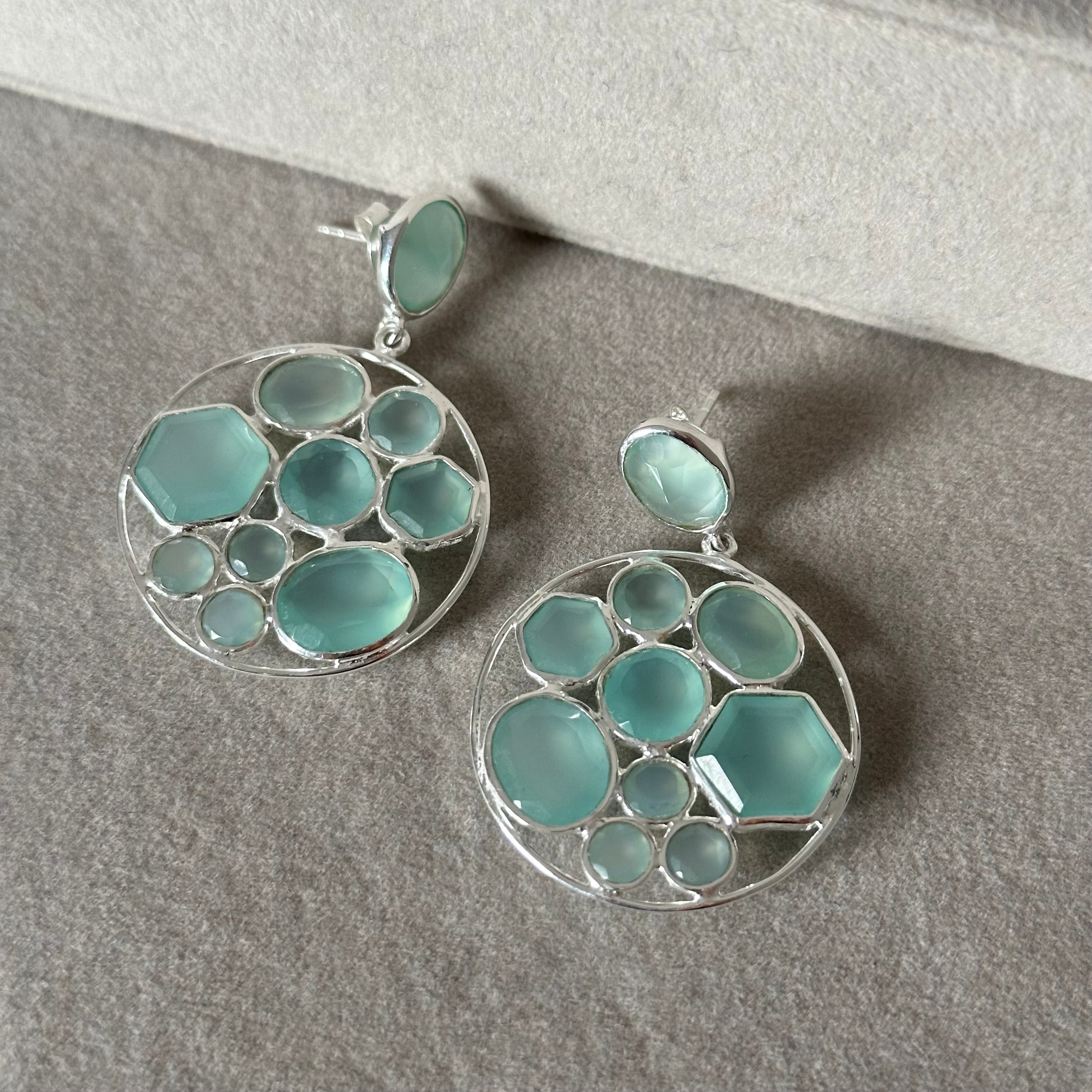 Long Gemstone Earrings with a Round Disc Drop with Stones in Sterling Silver - Aqua Chalcedony