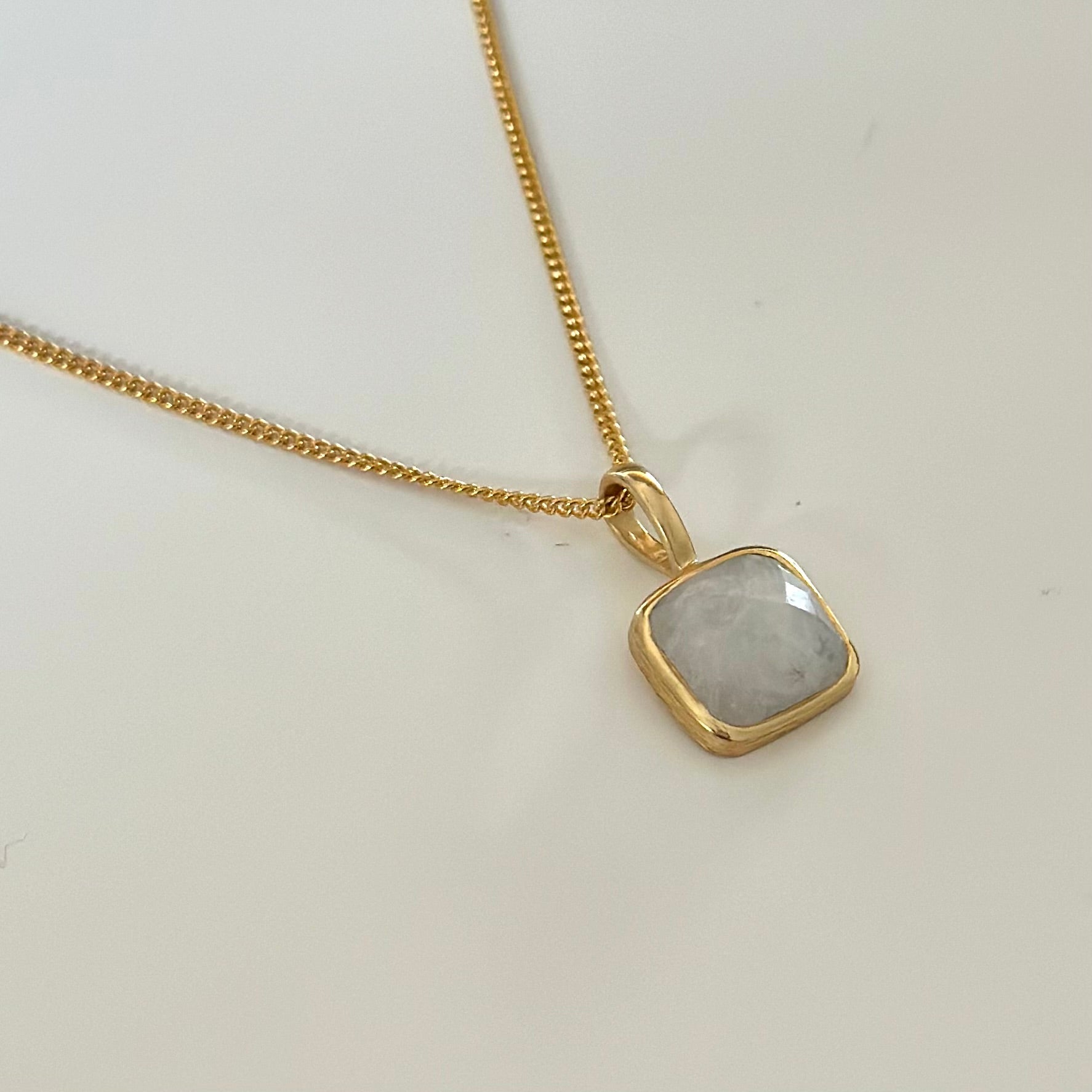 Gold Plated Sterling Silver Pendant Necklace with a Faceted Square Gemstone - Moonstone