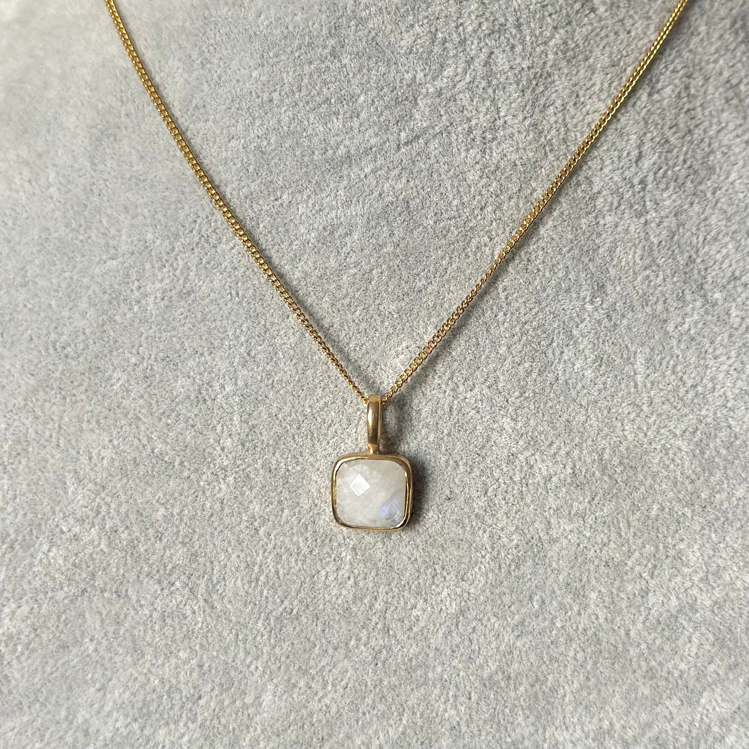 Gold Plated Sterling Silver Pendant Necklace with a Faceted Square Gemstone - Moonstone