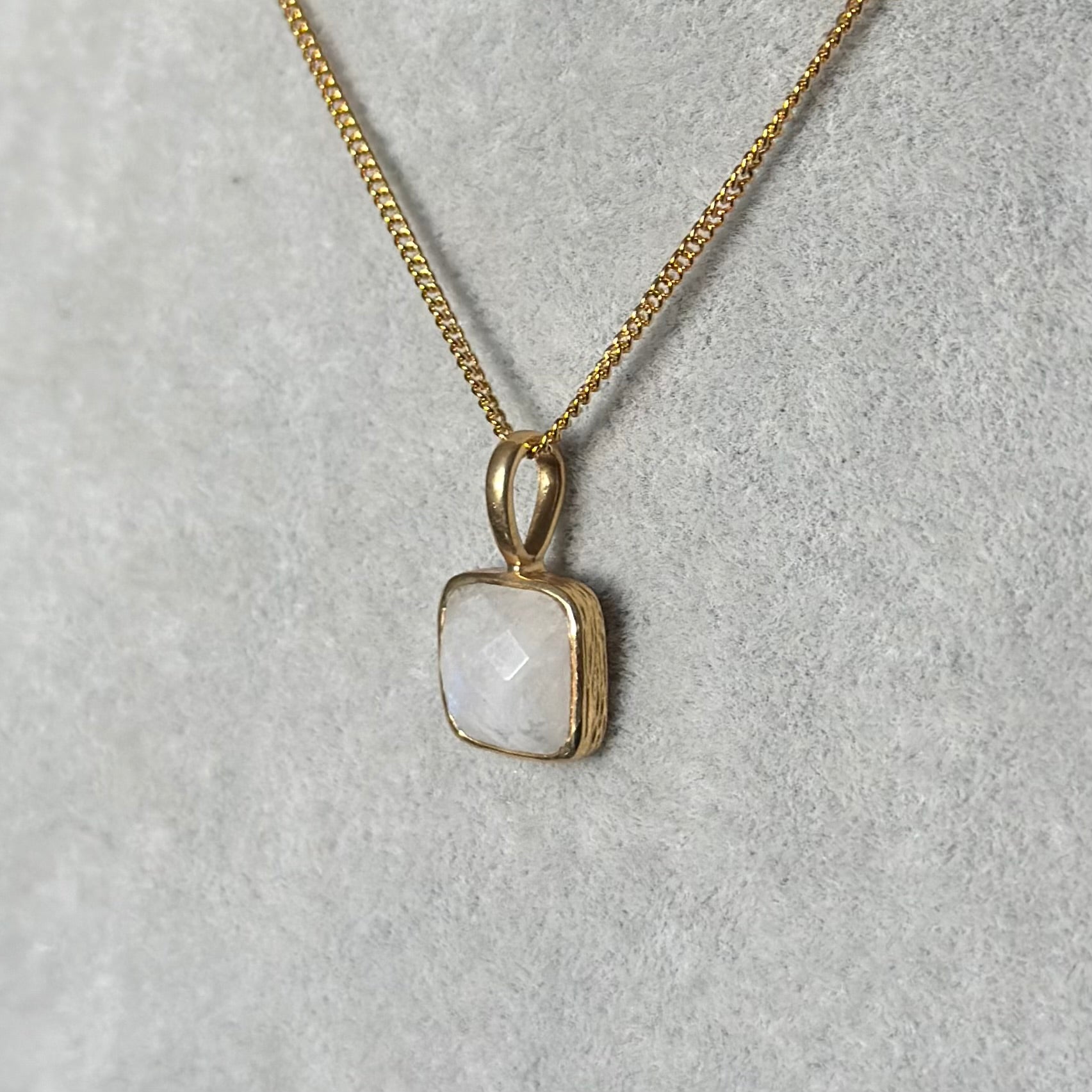Gold Plated Sterling Silver Pendant Necklace with a Faceted Square Gemstone - Moonstone