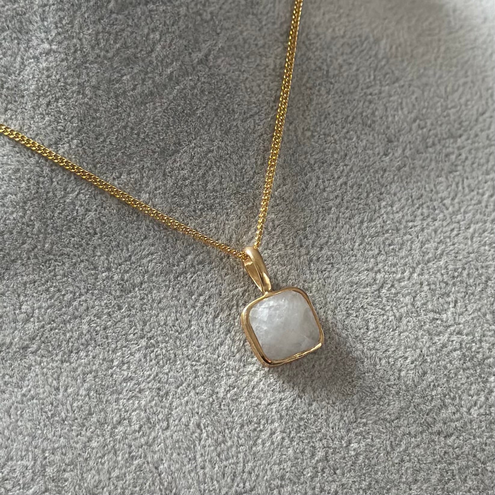Gold Plated Sterling Silver Pendant Necklace with a Faceted Square Gemstone - Moonstone