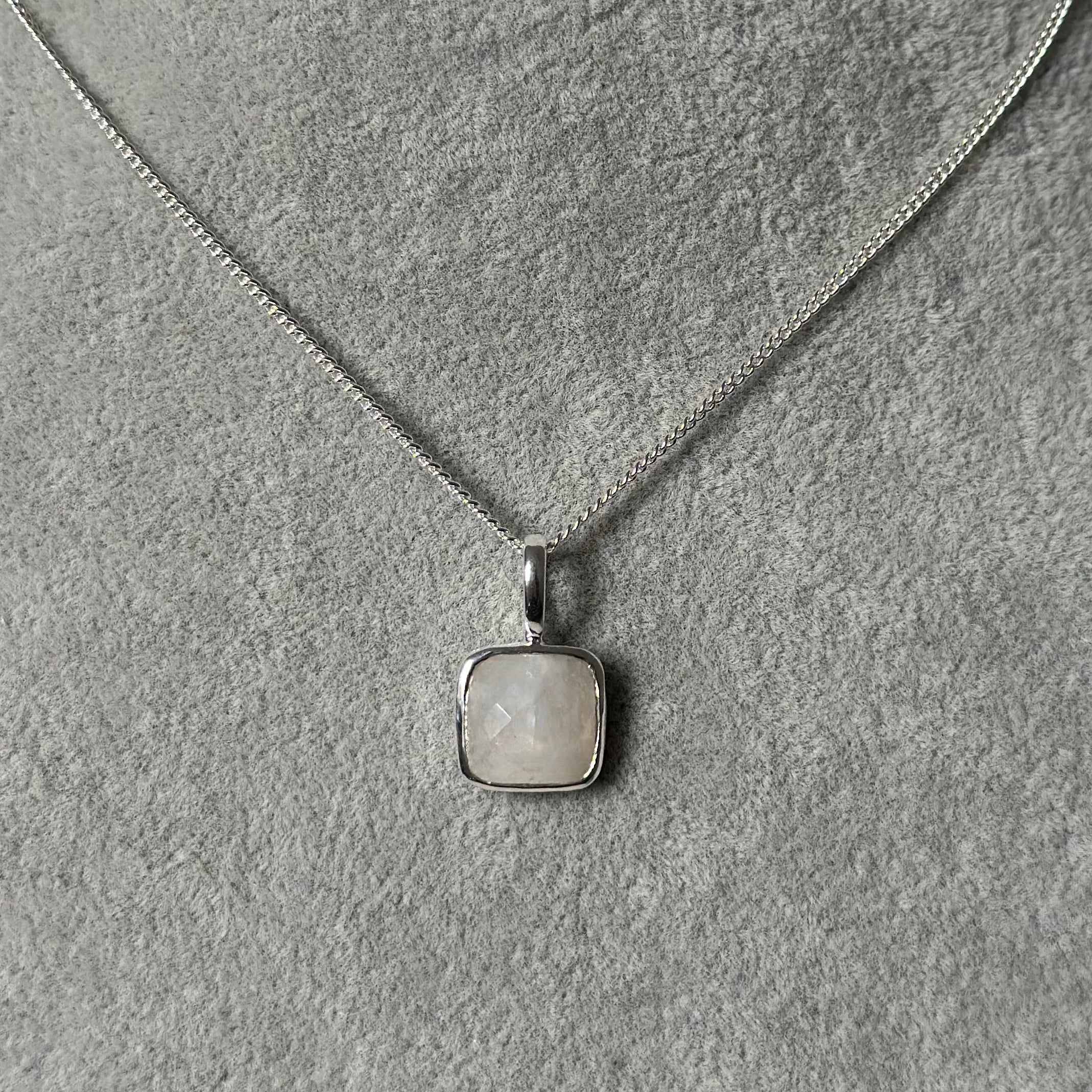 Sterling Silver Pendant Necklace with a Faceted Square Gemstone - Moonstone