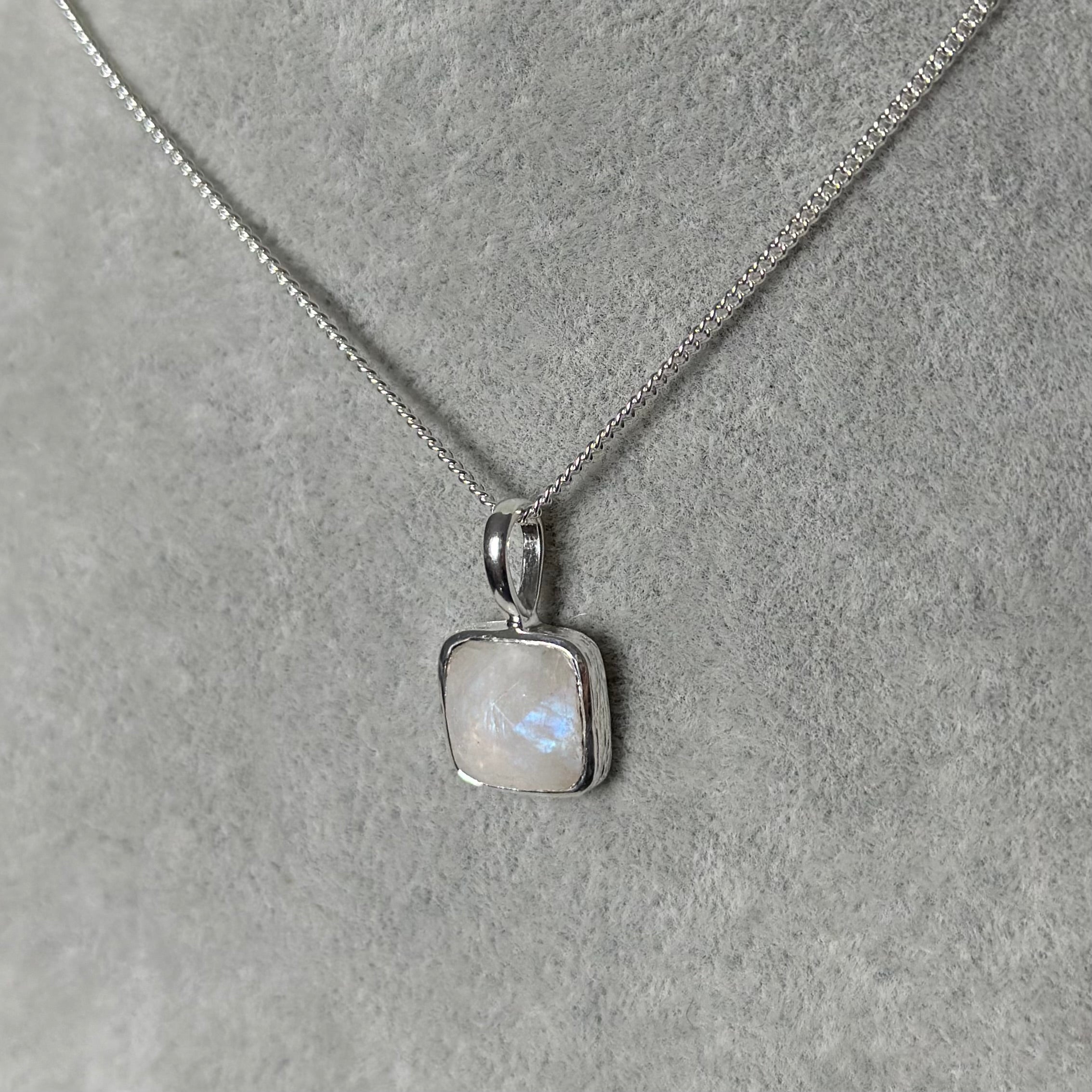 Sterling Silver Pendant Necklace with a Faceted Square Gemstone - Moonstone