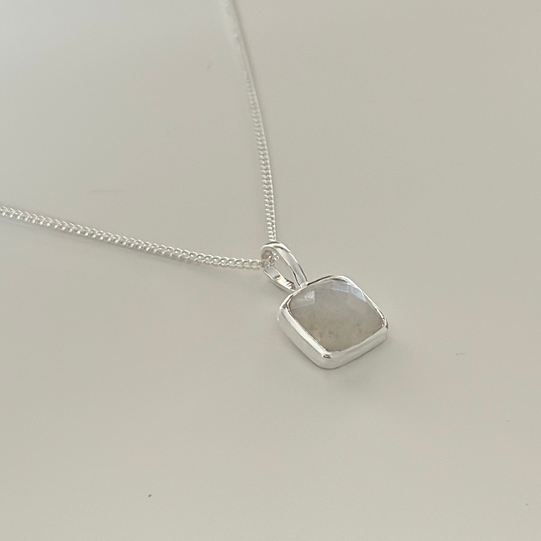 Sterling Silver Pendant Necklace with a Faceted Square Gemstone - Moonstone