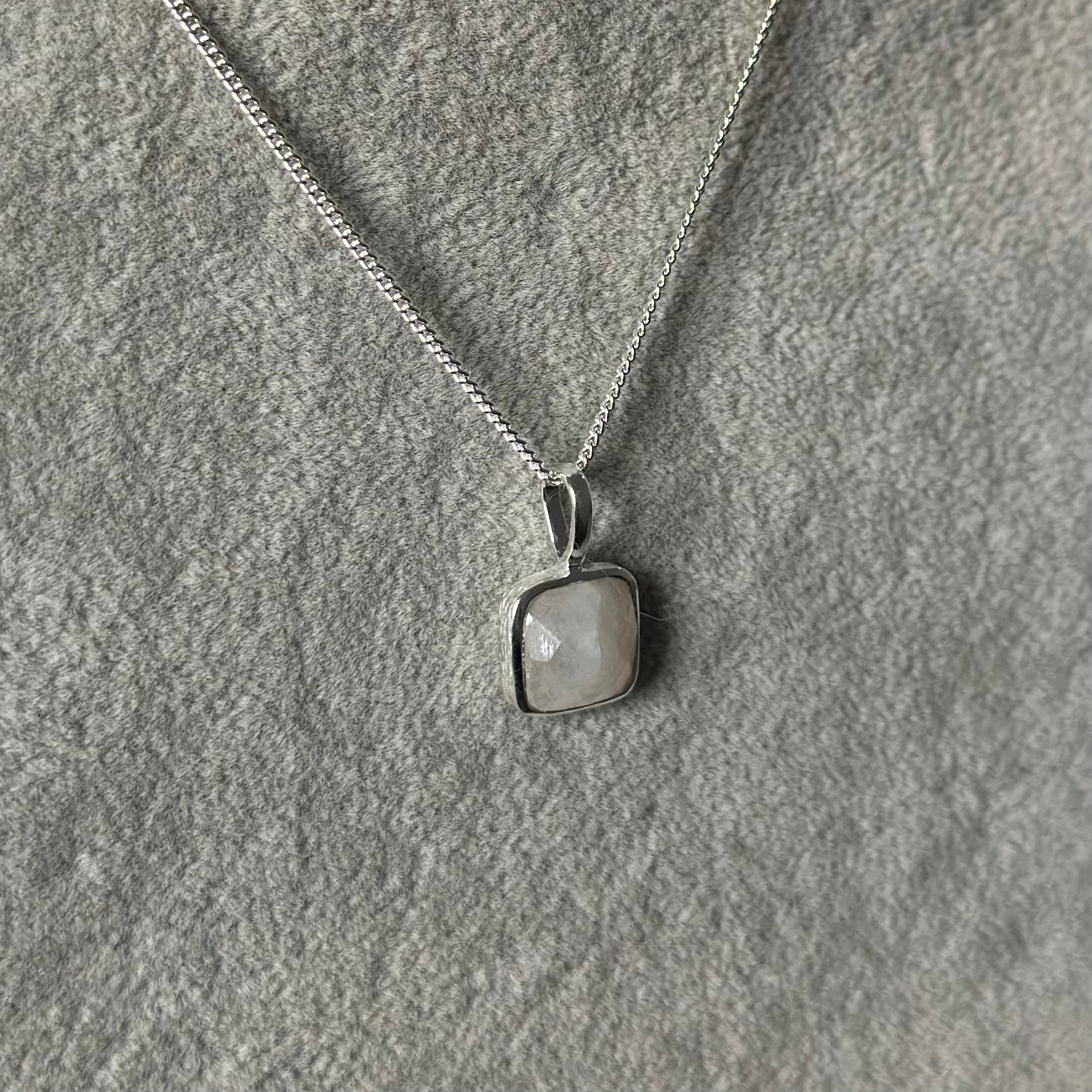 Sterling Silver Pendant Necklace with a Faceted Square Gemstone - Moonstone