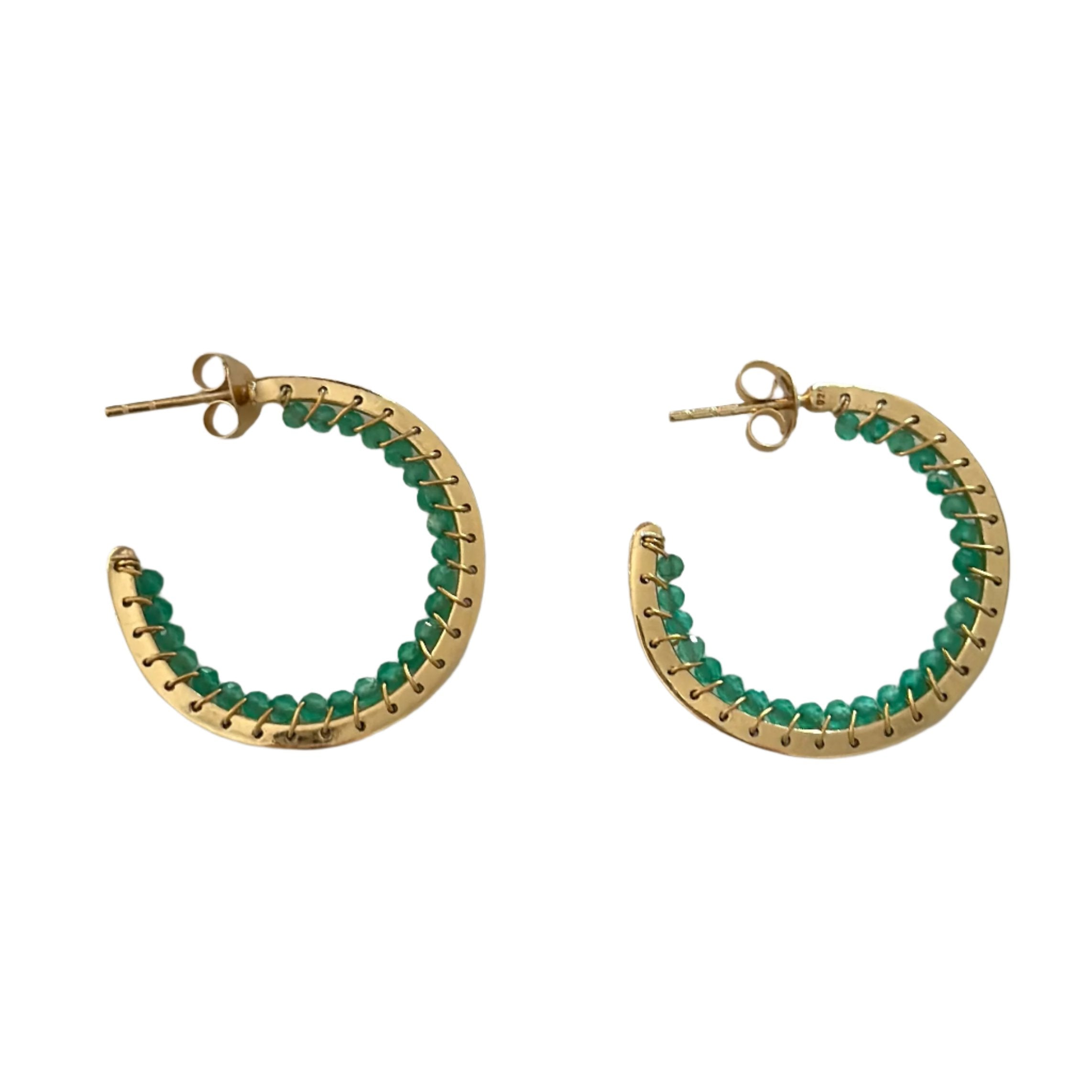 Hoop Earrings in Gold Plated Sterling Silver with Green Onyx Gemstone