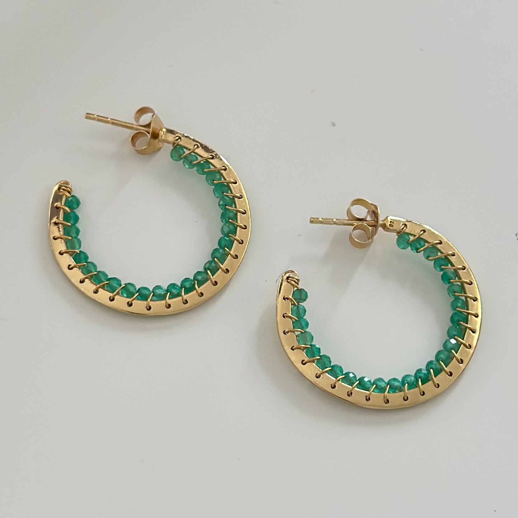 Hoop Earrings in Gold Plated Sterling Silver with Green Onyx Gemstone
