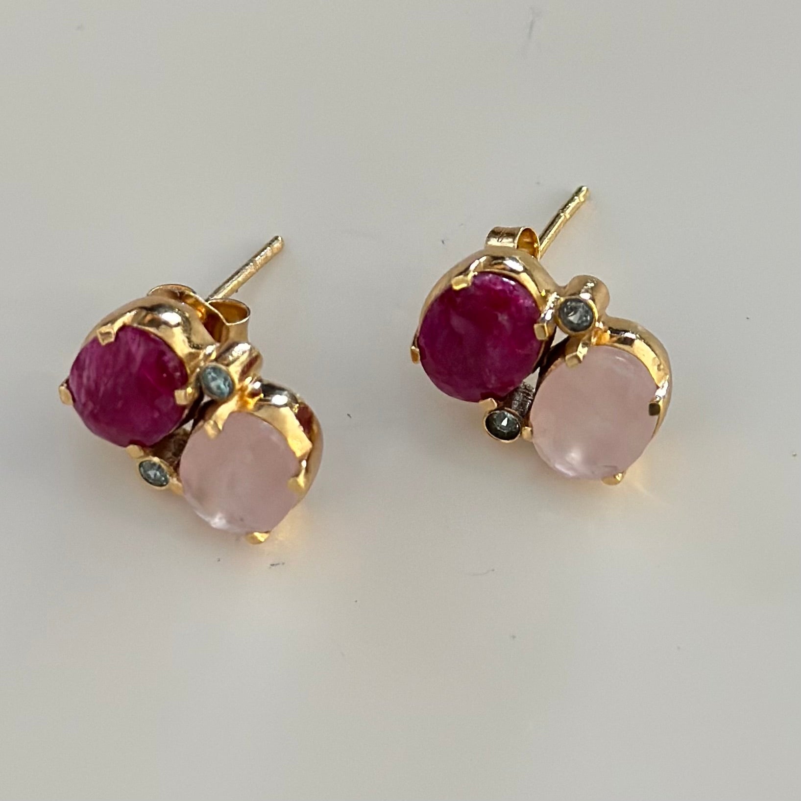 Two Gemstone Studs in Gold Plated Sterling Silver – Ruby Quartz and Rose Quartz