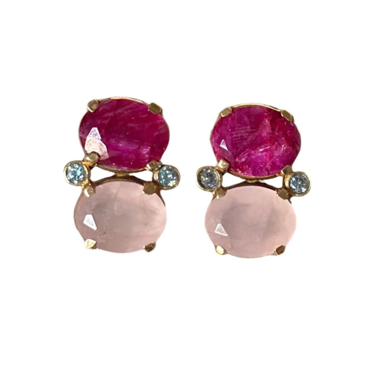 Two Gemstone Studs in Gold Plated Sterling Silver – Ruby Quartz and Rose Quartz