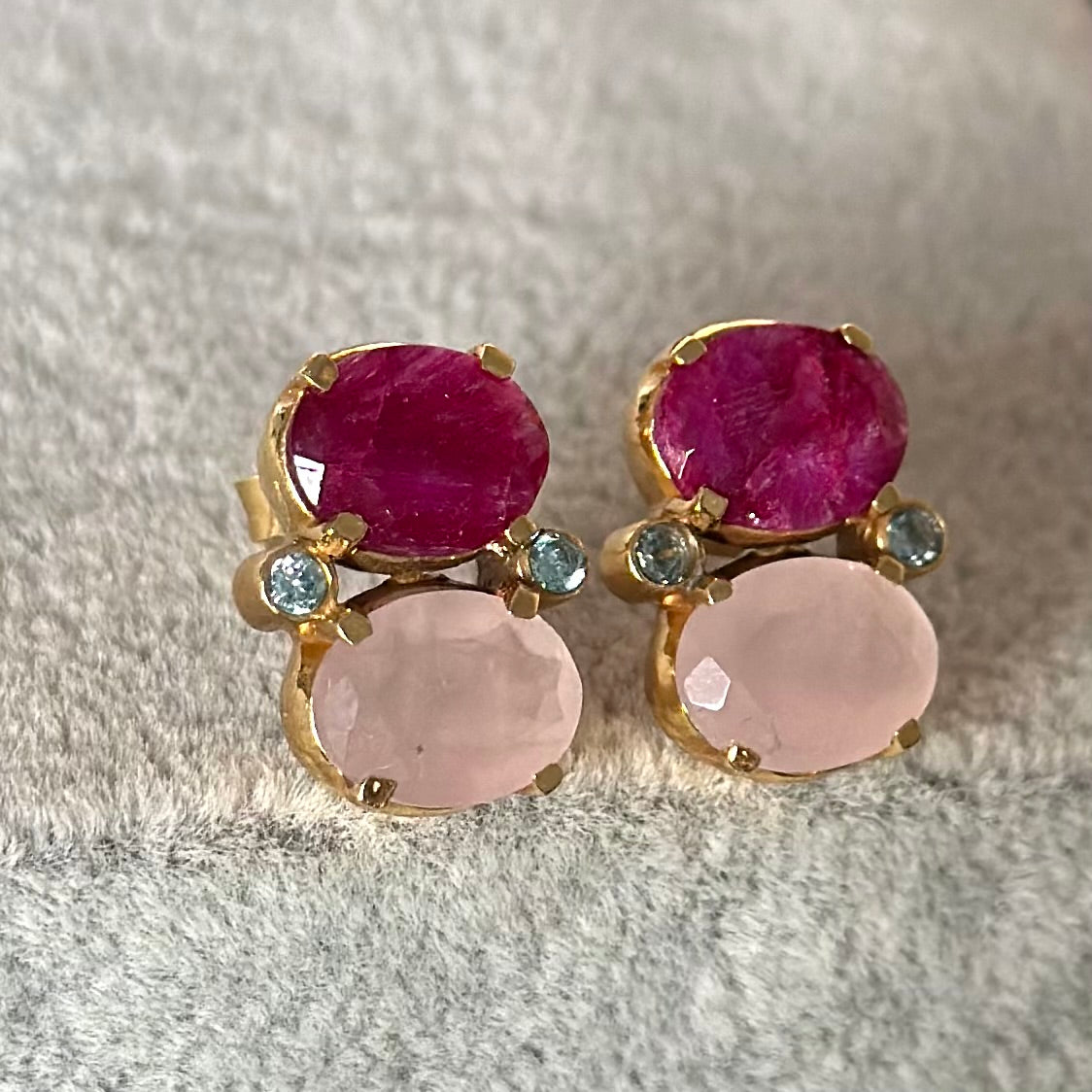 Two Gemstone Studs in Gold Plated Sterling Silver – Ruby Quartz and Rose Quartz