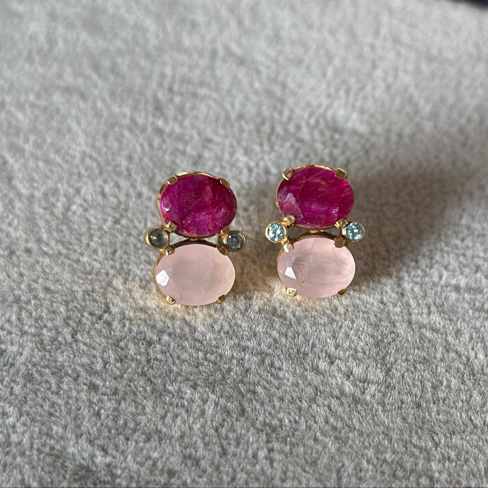 Two Gemstone Studs in Gold Plated Sterling Silver – Ruby Quartz and Rose Quartz