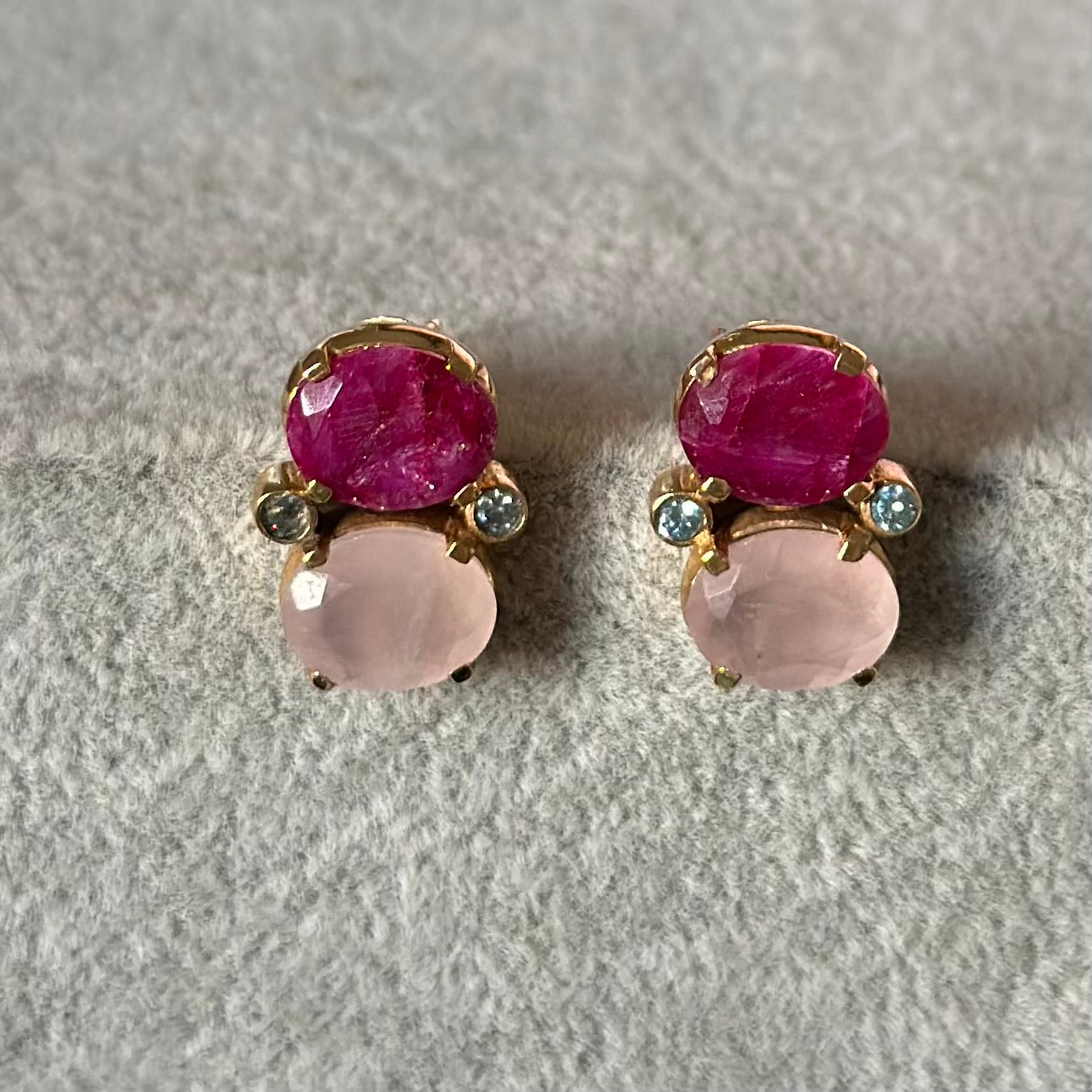 Two Gemstone Studs in Gold Plated Sterling Silver – Ruby Quartz and Rose Quartz