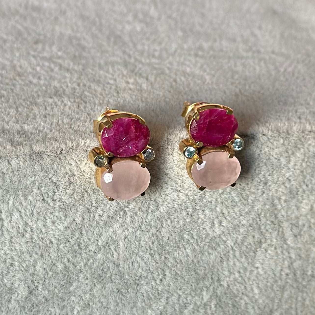 Two Gemstone Studs in Gold Plated Sterling Silver – Ruby Quartz and Rose Quartz