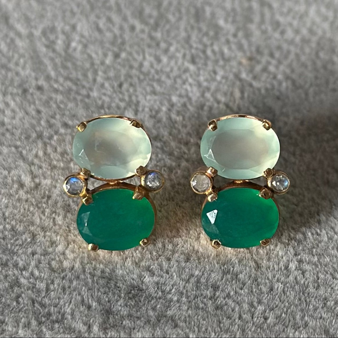 Two Gemstone Studs in Gold Plated Sterling Silver – Aqua Chalcedony and Green Onyx