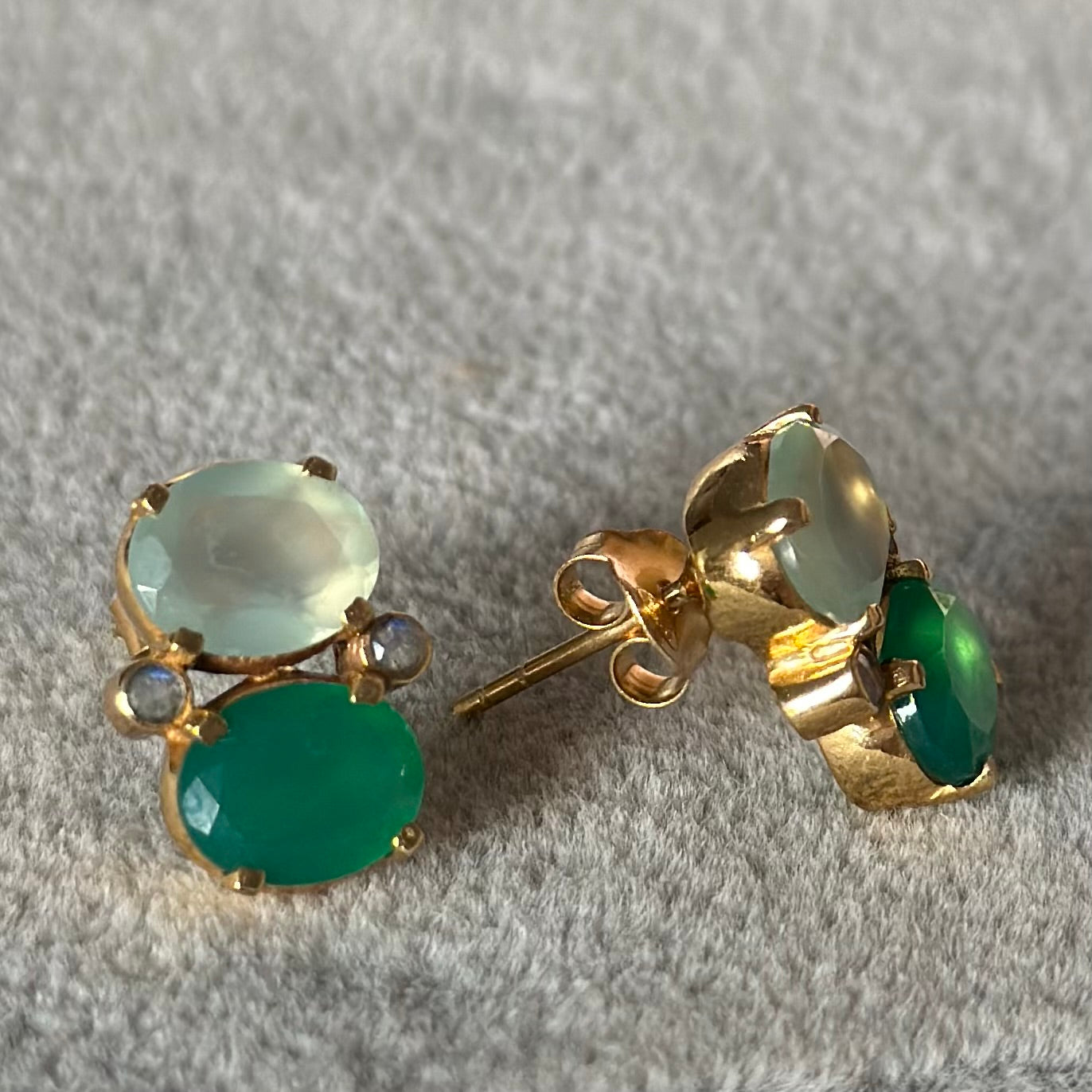 Two Gemstone Studs in Gold Plated Sterling Silver – Aqua Chalcedony and Green Onyx