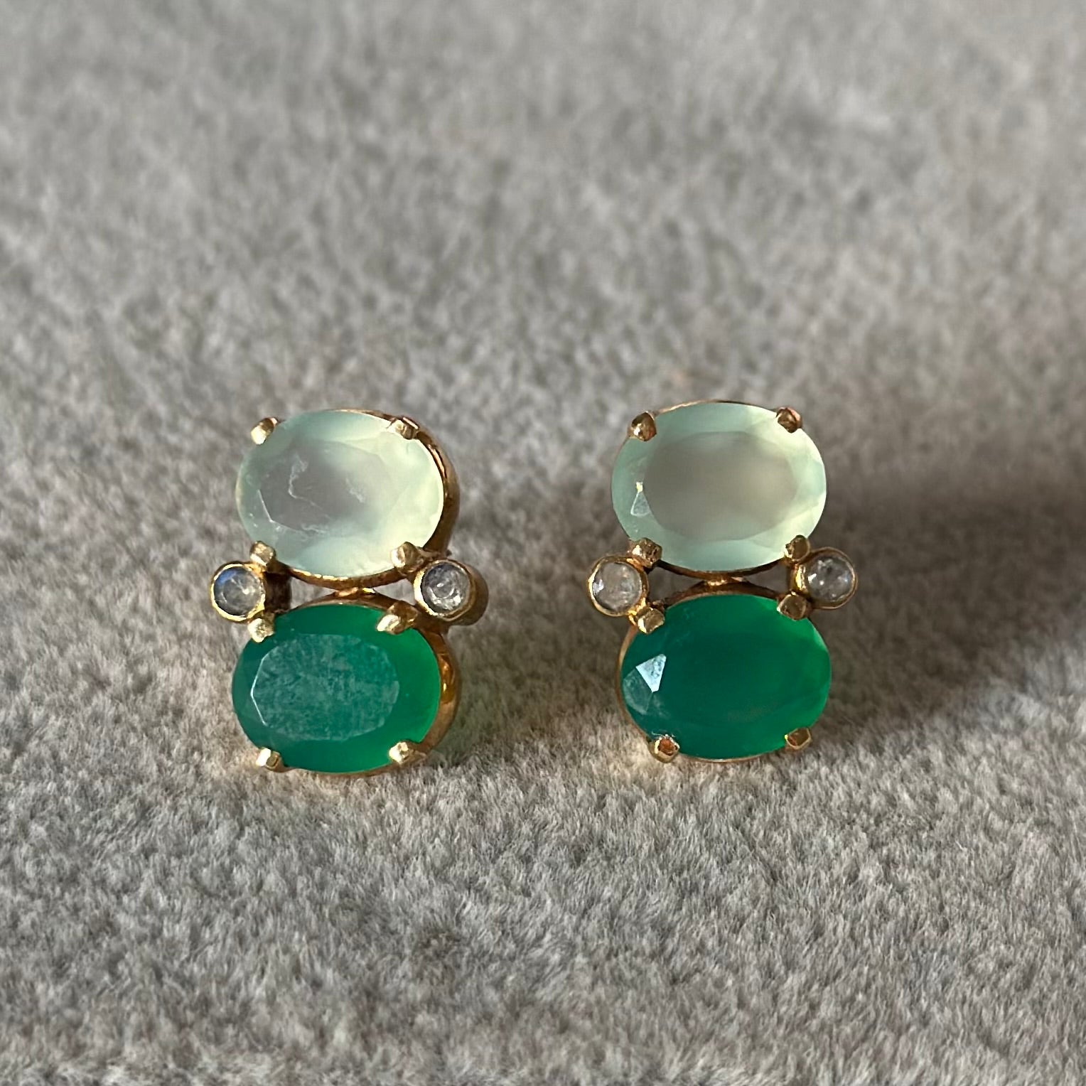 Two Gemstone Studs in Gold Plated Sterling Silver – Aqua Chalcedony and Green Onyx