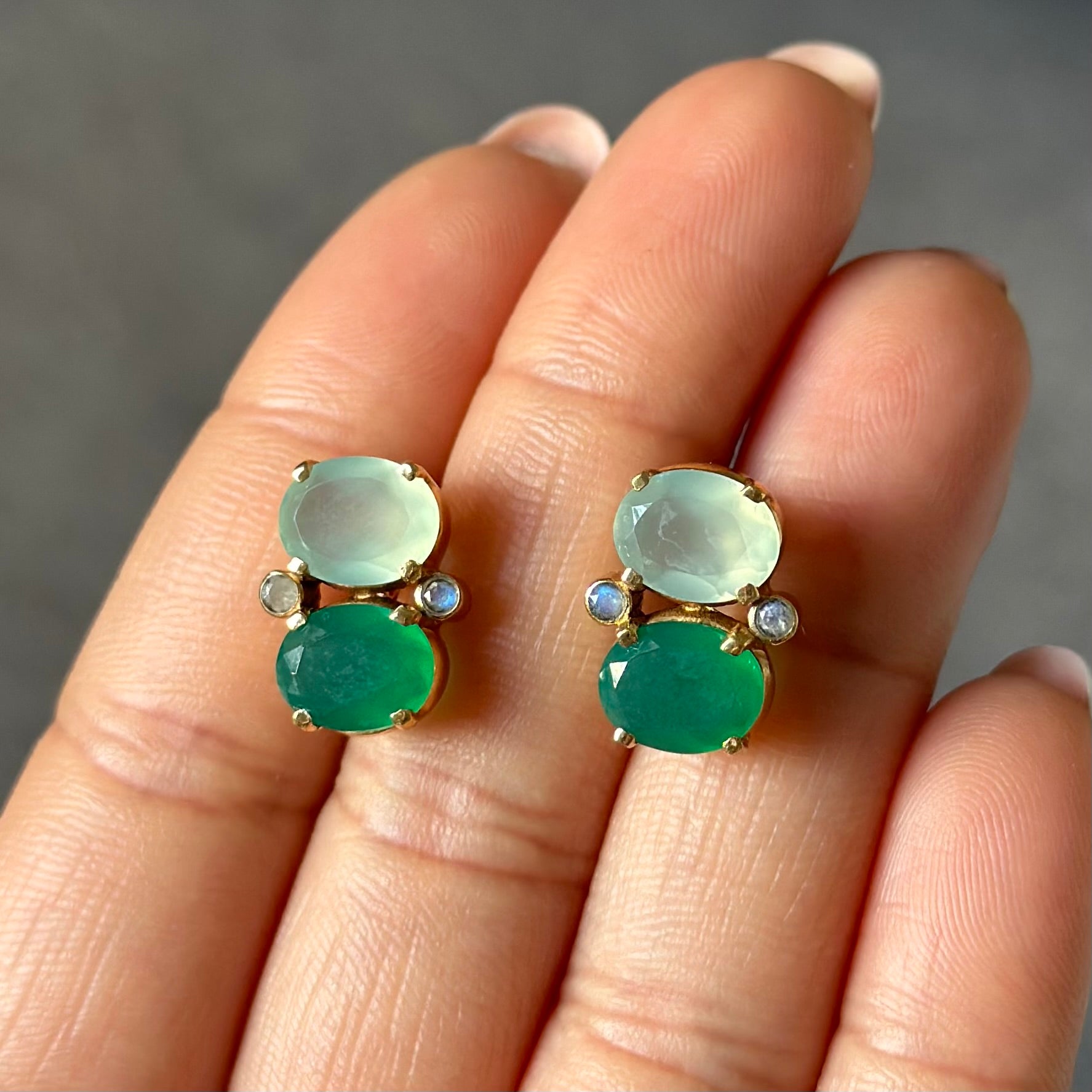 Two Gemstone Studs in Gold Plated Sterling Silver – Aqua Chalcedony and Green Onyx