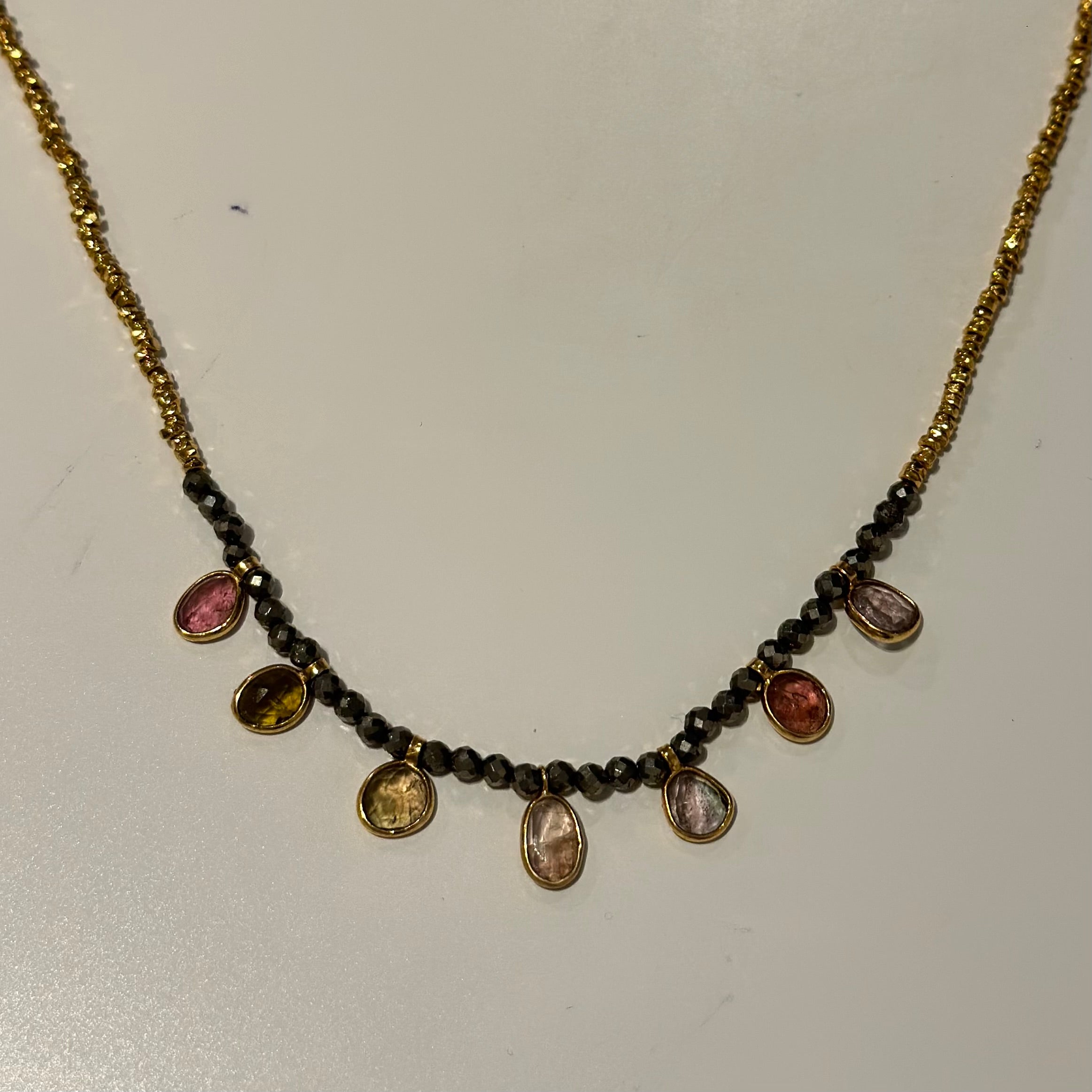 Gold Plated Silver Bead Necklace with Pyrite and Tourmaline Drops
