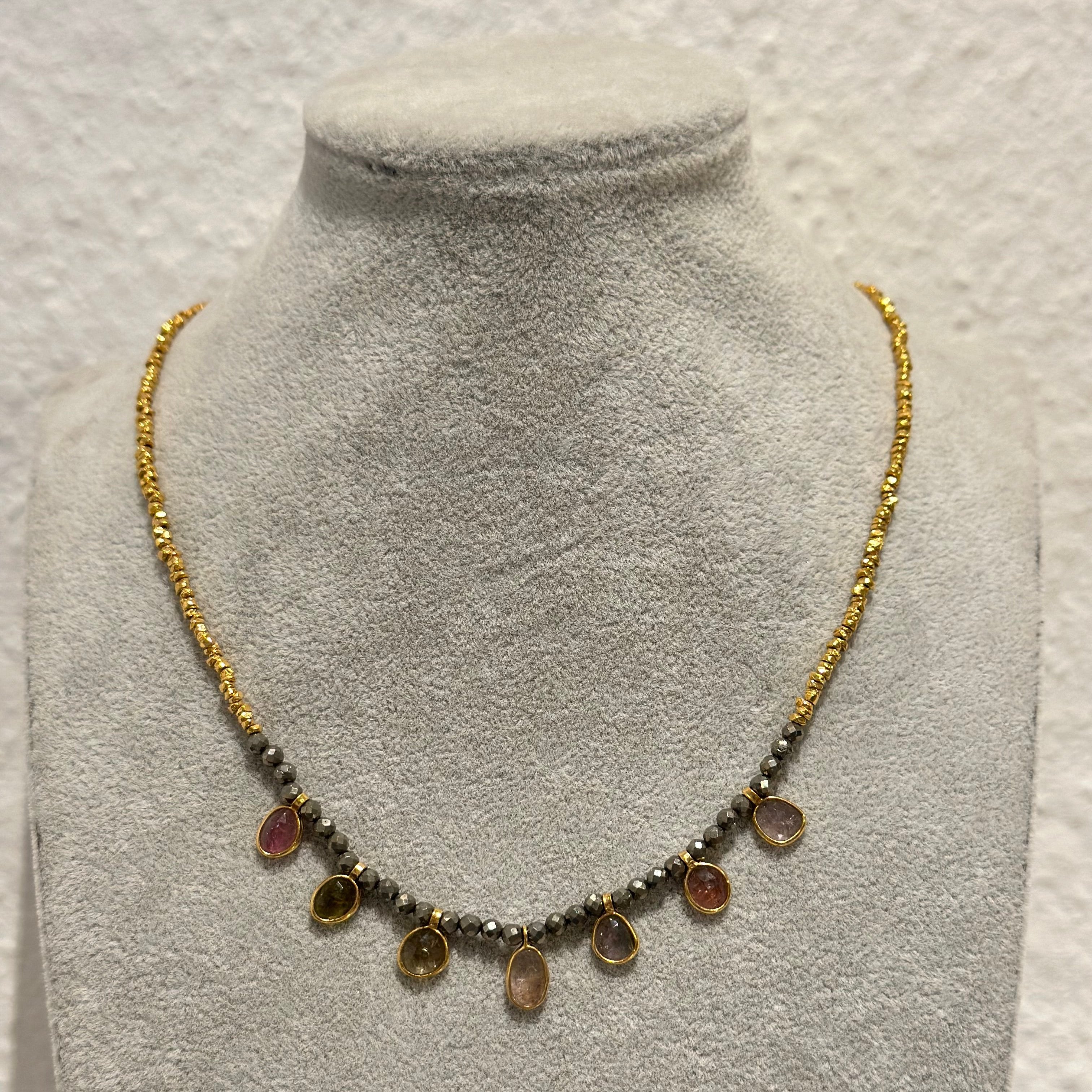 Gold Plated Silver Bead Necklace with Pyrite and Tourmaline Drops