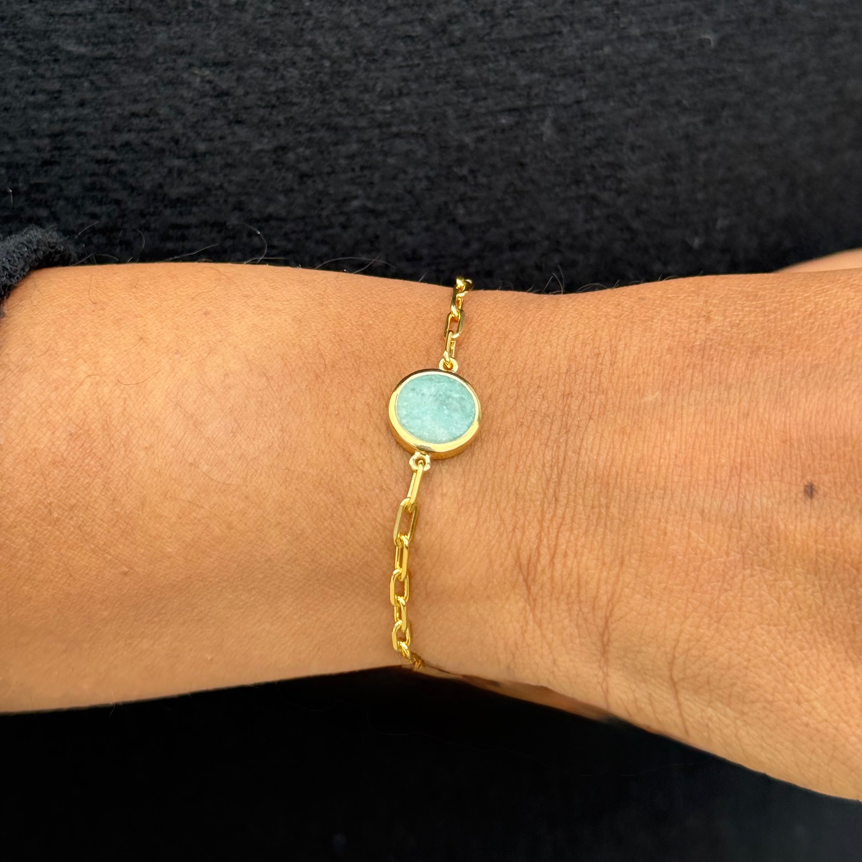 Vermeil Gold Paperclip Link Chain Adjustable Bracelet with Round Amazonite Gemstone