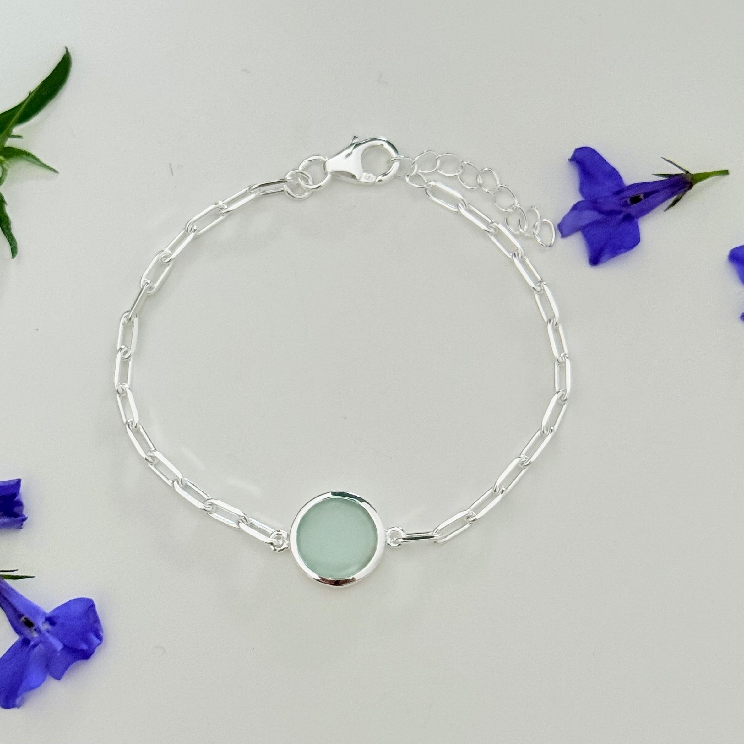 Sterling Silver Paperclip Link Chain Adjustable Bracelet with Round Aqua Chalcedony Gemstone