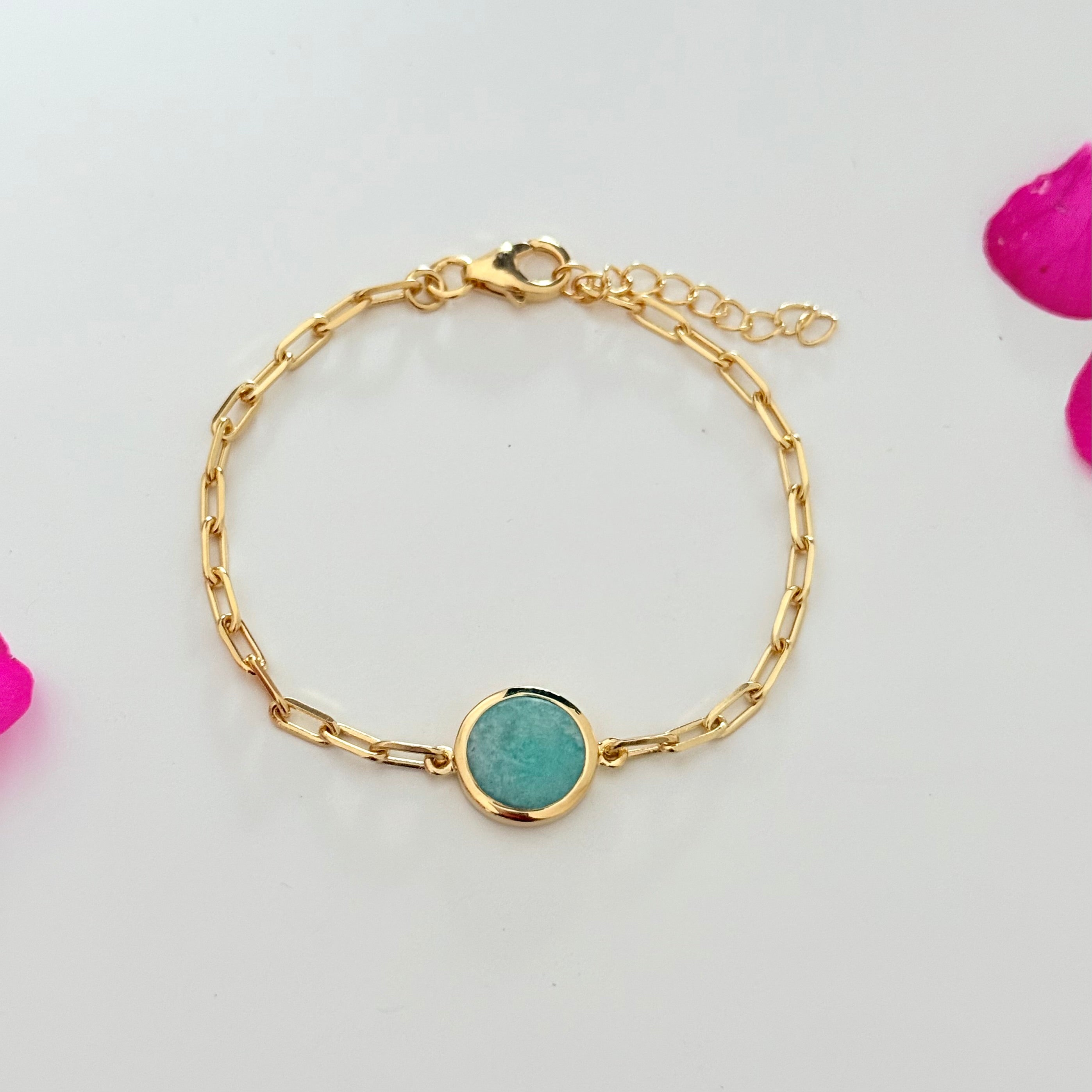 Vermeil Gold Paperclip Link Chain Adjustable Bracelet with Round Amazonite Gemstone