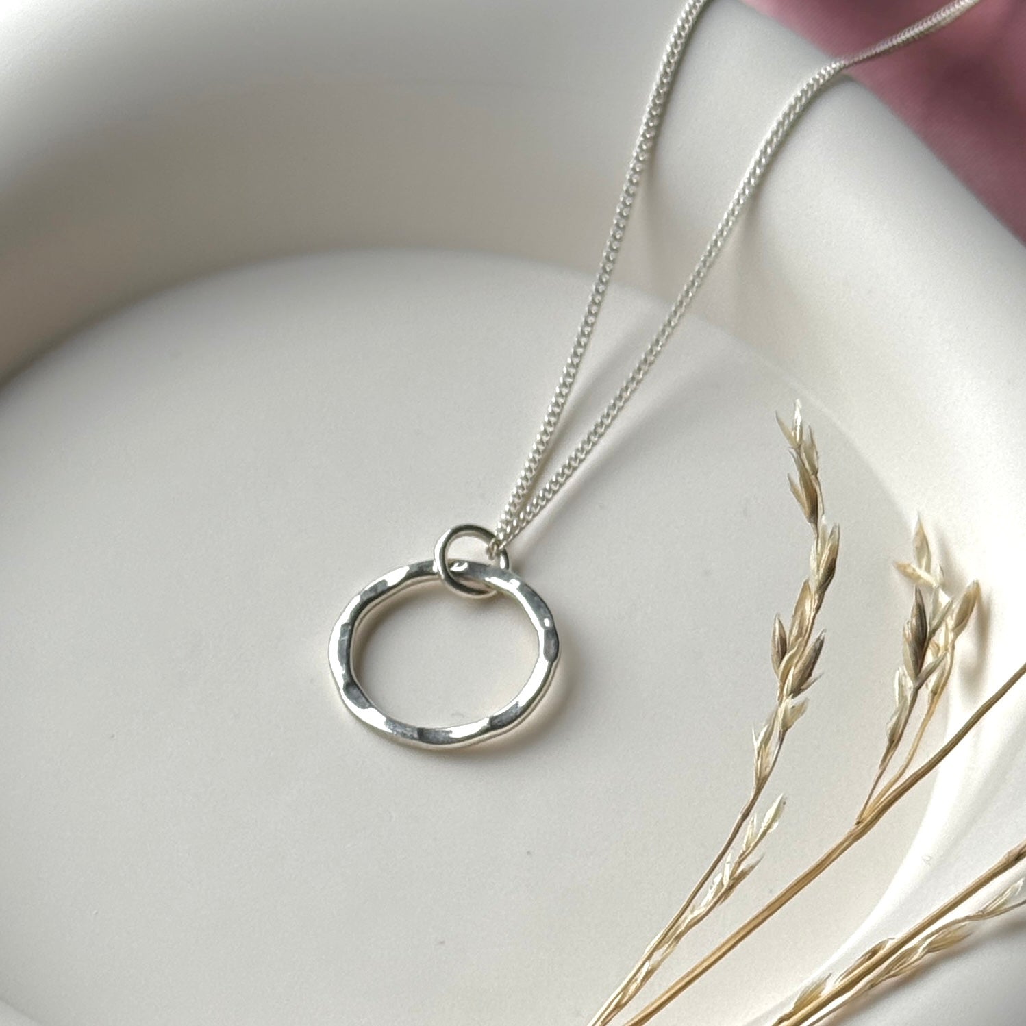 Sterling Silver Hammered Circle Disc Pendant Necklace