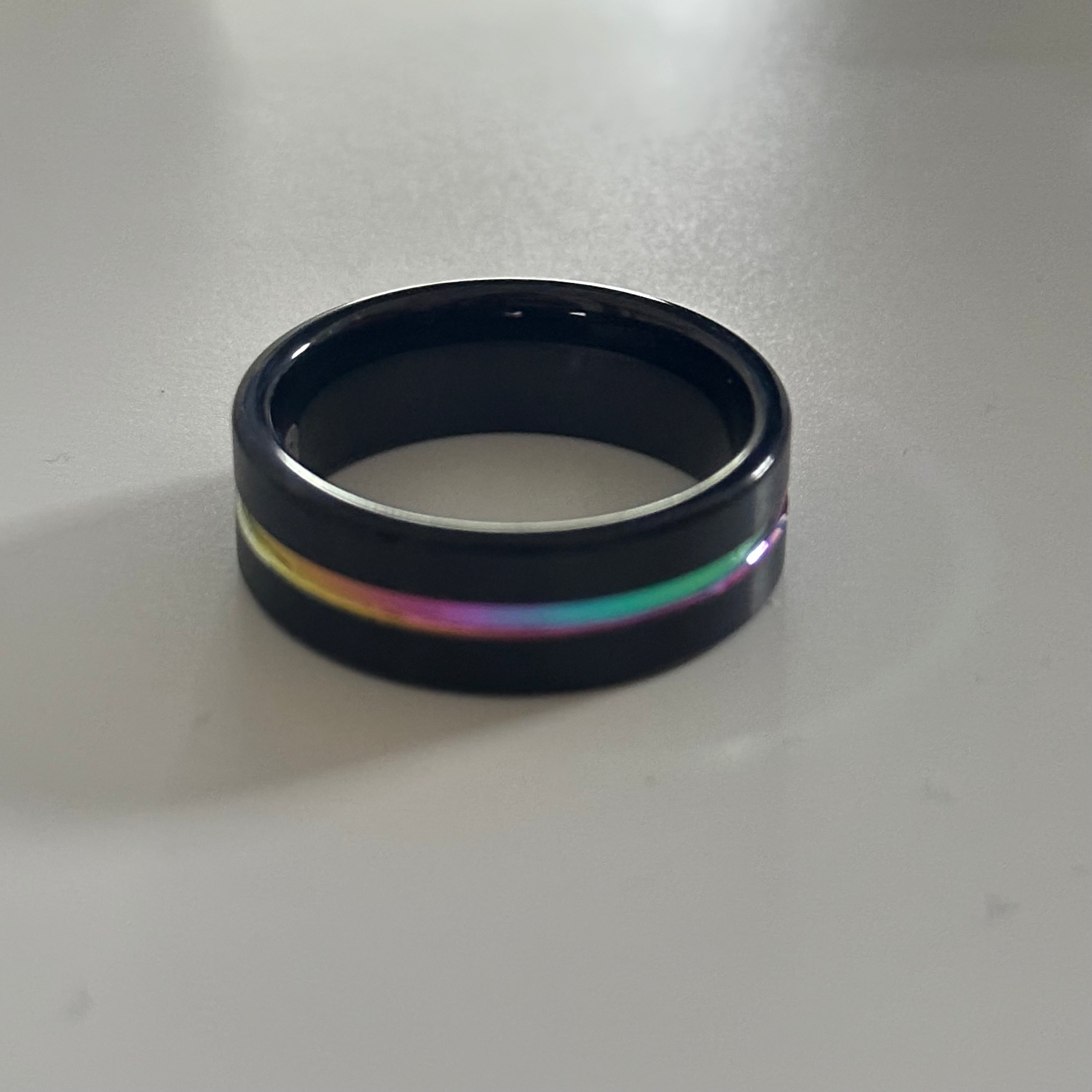Black Tungsten Ring with a Rainbow Band | The Spectre Ring | Milina London