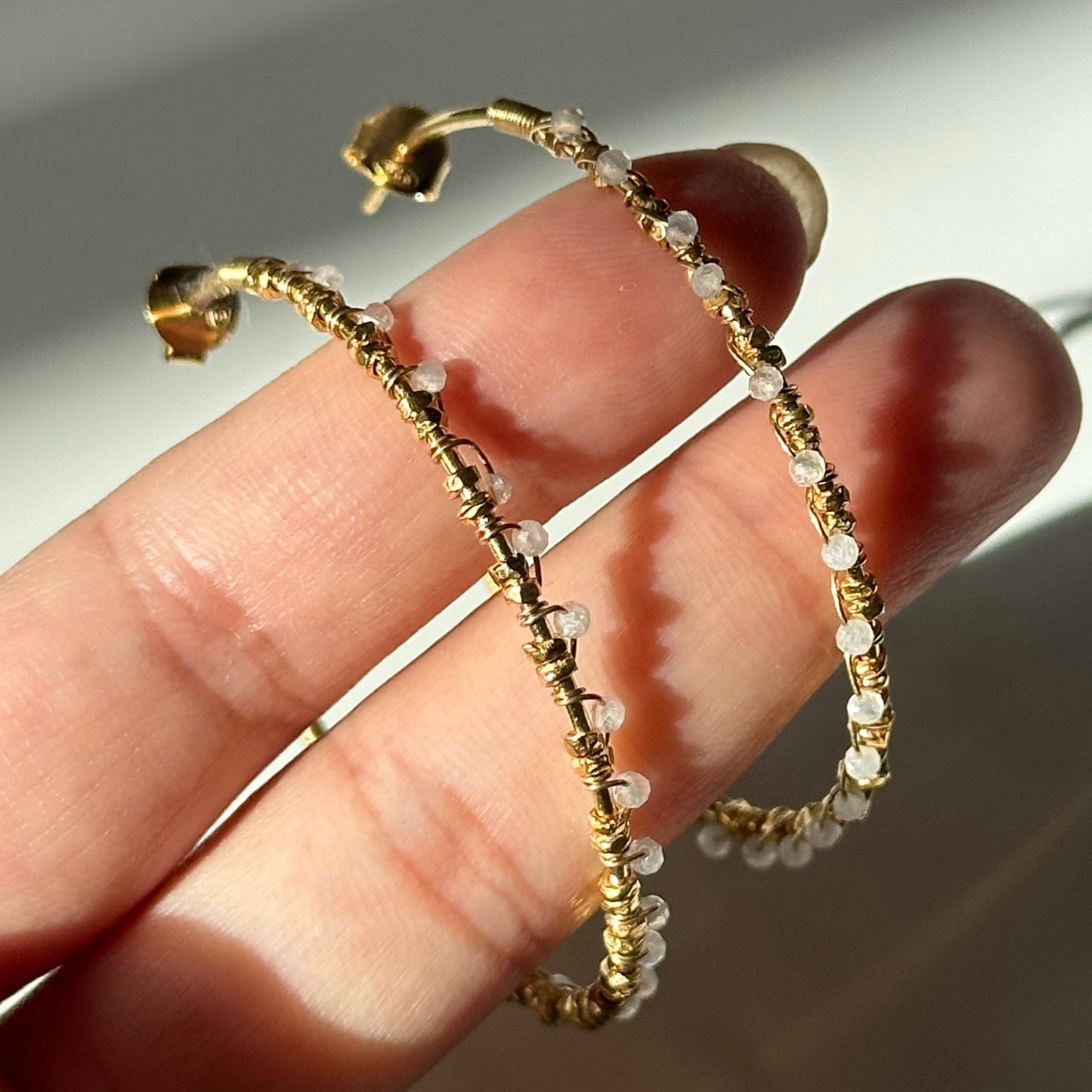 Large Hoop Earrings in Gold Plated Sterling Silver with Moonstone Gemstone