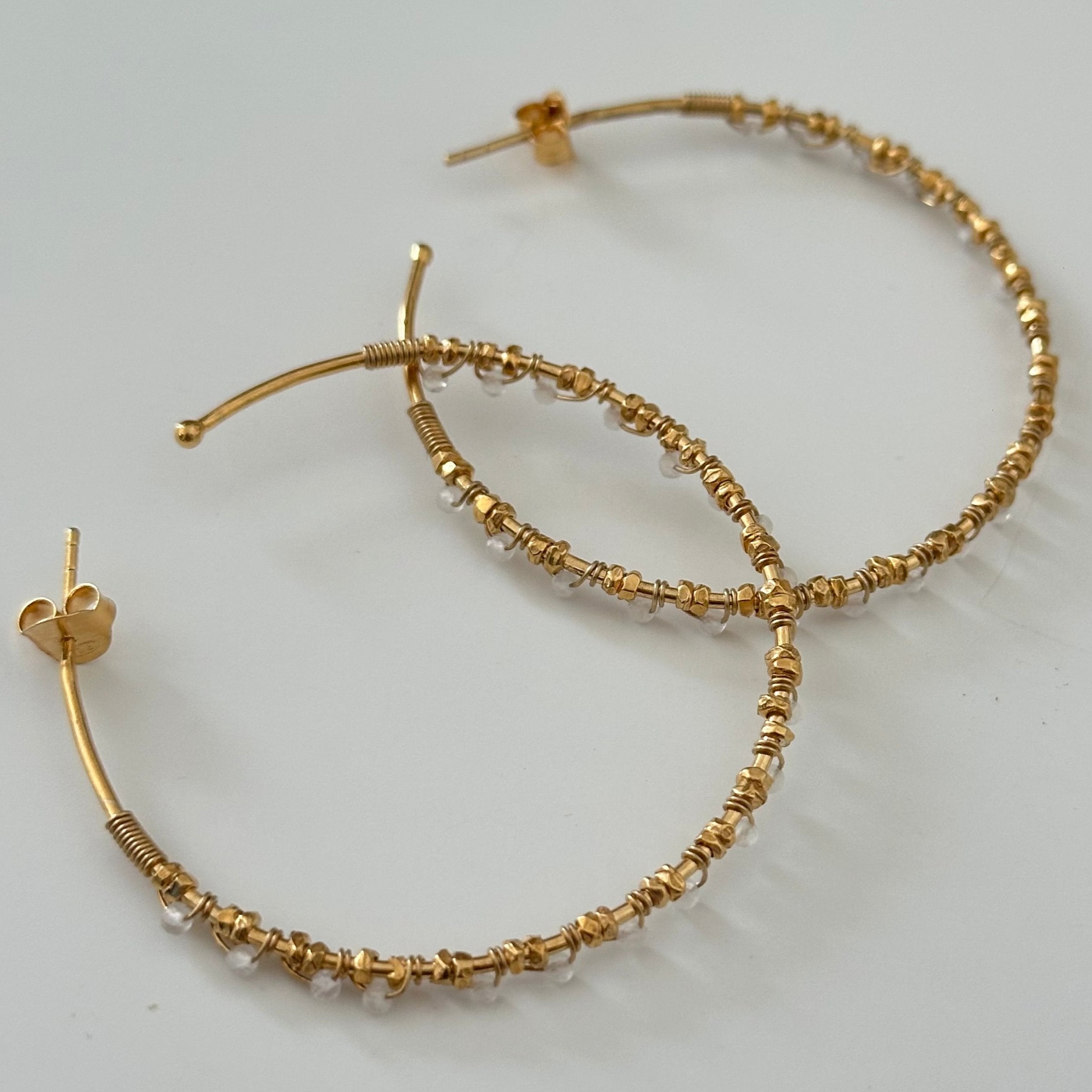 Large Hoop Earrings in Gold Plated Sterling Silver with Moonstone Gemstone