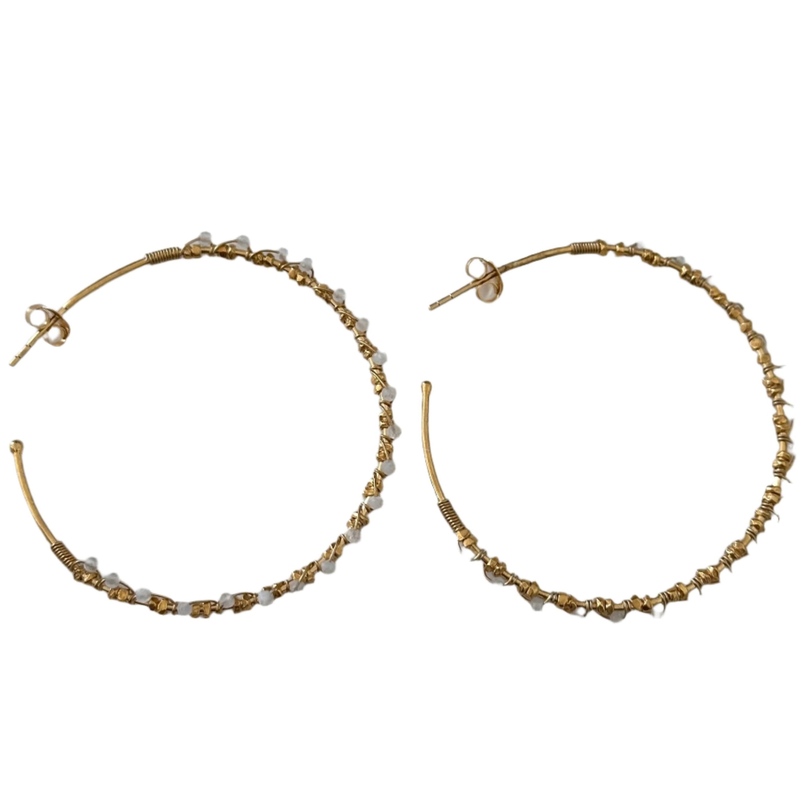 Large Hoop Earrings in Gold Plated Sterling Silver with Moonstone Gemstone