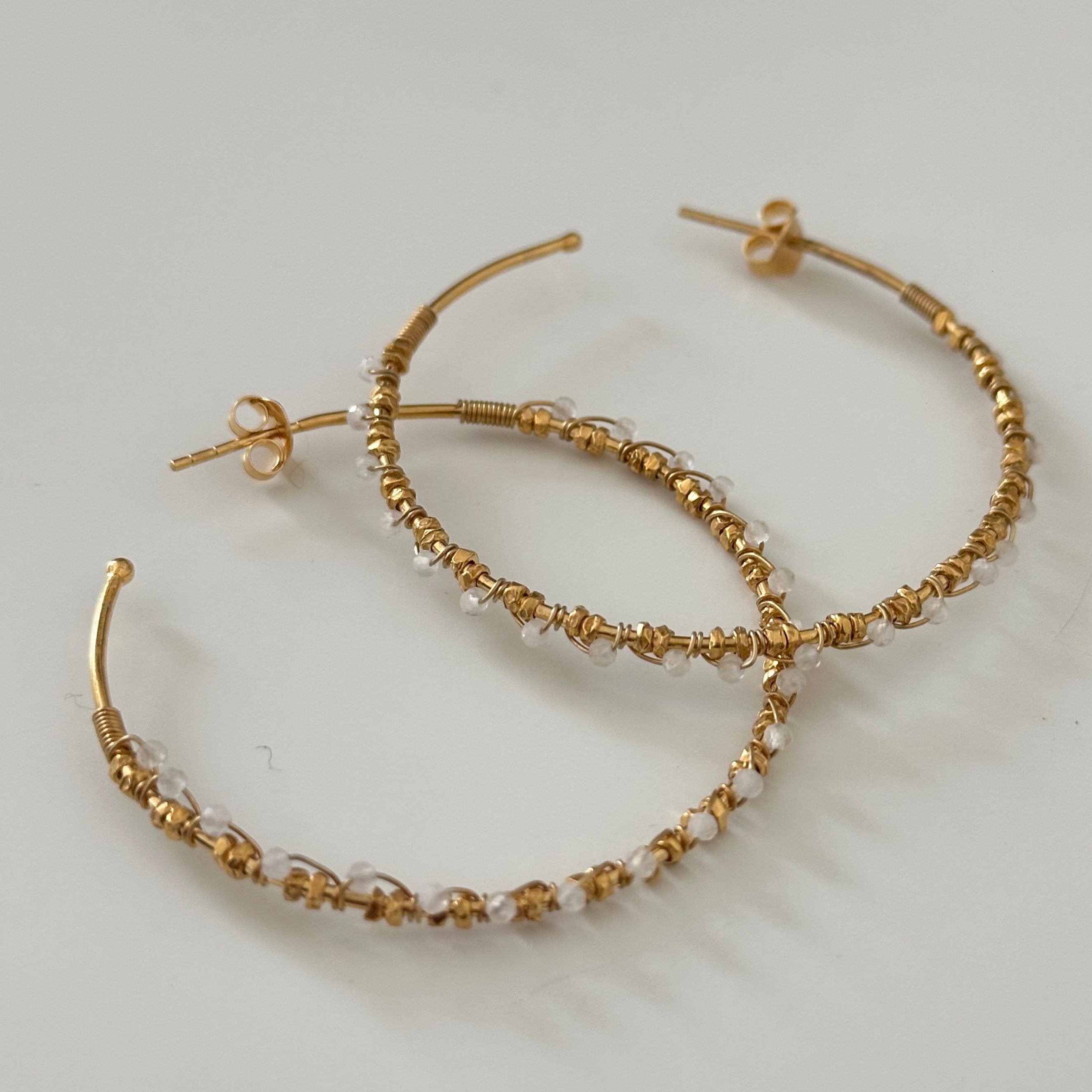 Large Hoop Earrings in Gold Plated Sterling Silver with Moonstone Gemstone