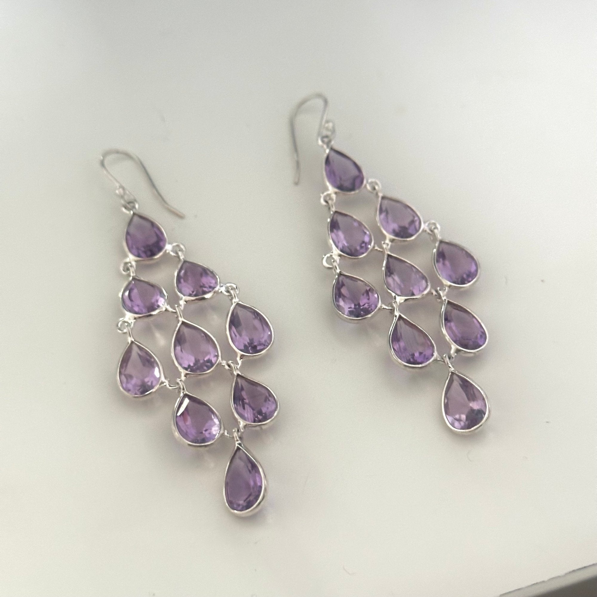 Sterling Silver Chandelier Earrings with Natural Gemstones  - Amethyst